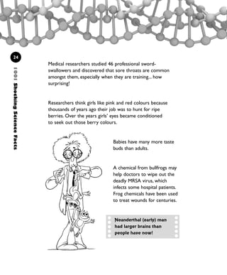 1001ShockingScienceFacts
24
Medical researchers studied 46 professional sword-
swallowers and discovered that sore throats are common
amongst them, especially when they are training... how
surprising!
Researchers think girls like pink and red colours because
thousands of years ago their job was to hunt for ripe
berries. Over the years girls’ eyes became conditioned
to seek out those berry colours.
Babies have many more taste
buds than adults.
A chemical from bullfrogs may
help doctors to wipe out the
deadly MRSA virus, which
infects some hospital patients.
Frog chemicals have been used
to treat wounds for centuries.
Neanderthal (early) man
had larger brains than
people have now!
1001 Science 009-046 Ch1.qxd 16/4/08 17:07 Page 24
 