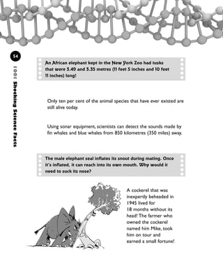 1001ShockingScienceFacts
54
A cockerel that was
inexpertly beheaded in
1945 lived for
18 months without its
head! The farmer who
owned the cockerel
named him Mike, took
him on tour and
earned a small fortune!
Only ten per cent of the animal species that have ever existed are
still alive today.
Using sonar equipment, scientists can detect the sounds made by
fin whales and blue whales from 850 kilometres (350 miles) away.
The male elephant seal inflates its snout during mating. Once
it’s inflated, it can reach into its own mouth. Why would it
need to suck its nose?
An African elephant kept in the New York Zoo had tusks
that were 3.49 and 3.35 metres (11 feet 5 inches and 10 feet
11 inches) long!
1001 Science 047-074 Ch2.qxd 16/4/08 17:13 Page 54
 
