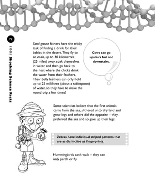 1001ShockingScienceFacts
72
Sand grouse fathers have the tricky
task of finding a drink for their
babies in the desert.They fly to
an oasis, up to 40 kilometres
(25 miles) away, soak themselves
in water, and then go back to
the nest where the chicks drink
the water from their feathers.
Their belly feathers can only hold
up to 25 millilitres (about a tablespoon)
of water, so they have to make the
round trip a few times!
Some scientists believe that the first animals
came from the sea, slithered onto dry land and
grew legs and others did the opposite – they
preferred the sea and so gave up their legs!
Zebras have individual striped patterns that
are as distinctive as fingerprints.
Cows can go
upstairs but not
downstairs.
Hummingbirds can’t walk – they can
only perch or fly.
1001 Science 047-074 Ch2.qxd 16/4/08 17:14 Page 72
 