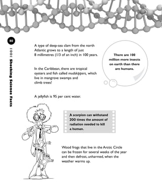 A type of deep-sea clam from the north
Atlantic grows to a length of just
8 millimetres (1/3 of an inch) in 100 years.
In the Caribbean, there are tropical
oysters and fish called mudskippers, which
live in mangrove swamps and
climb trees!
A jellyfish is 95 per cent water.
80
A scorpion can withstand
200 times the amount of
radiation needed to kill
a human.
Wood frogs that live in the Arctic Circle
can be frozen for several weeks of the year
and then defrost, unharmed, when the
weather warms up.
There are 100
million more insects
on earth than there
are humans.
1001ShockingScienceFacts
1001 Science 075-094 Ch3.qxd 16/4/08 17:23 Page 80
 