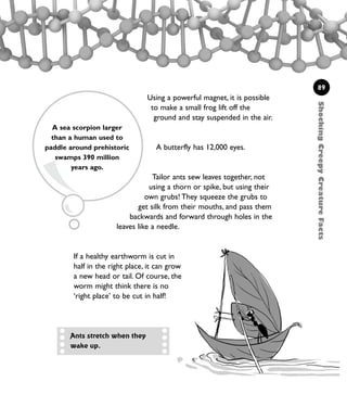 Using a powerful magnet, it is possible
to make a small frog lift off the
ground and stay suspended in the air.
A butterfly has 12,000 eyes.
Tailor ants sew leaves together, not
using a thorn or spike, but using their
own grubs! They squeeze the grubs to
get silk from their mouths, and pass them
backwards and forward through holes in the
leaves like a needle.
89
Ants stretch when they
wake up.
A sea scorpion larger
than a human used to
paddle around prehistoric
swamps 390 million
years ago.
ShockingCreepyCreatureFacts
If a healthy earthworm is cut in
half in the right place, it can grow
a new head or tail. Of course, the
worm might think there is no
‘right place’ to be cut in half!
1001 Science 075-094 Ch3.qxd 16/4/08 17:24 Page 89
 