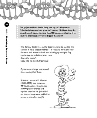 1001ShockingScienceFacts
94
The darkling beetle lives in the desert where it’s hard to find
a drink. It has a special method – it sticks its front end into
the sand and leaves its back end sticking up at night. Fog
condenses on its behind, then runs
down the beetle’s
body into its mouth. Ingenious!
Oysters can change sex several
times during their lives.
Scientist Laurence M Klauber
(1883–1968) was known as
‘Mr Rattlesnake’. He collected
35,000 pickled snakes and
reptiles over his life. (He didn’t
eat them – they were pickled to
preserve them for study!)
The gulper eel lives in the deep sea, up to 5 kilometres
(3.1 miles) down and can grow to 2 metres (6.6 feet) long. Its
hinged mouth opens to more than 180 degrees, allowing it to
swallow enormous prey even bigger than itself.
1001 Science 075-094 Ch3.qxd 16/4/08 17:24 Page 94
 