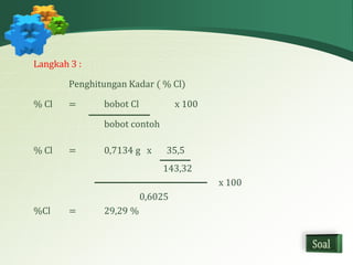 Langkah 3 : 
Penghitungan Kadar ( % Cl) 
% Cl = bobot Cl x 100 
bobot contoh 
% Cl = 0,7134 g x 35,5 
143,32 
x 100 
0,6025 
%Cl = 29,29 % 
 