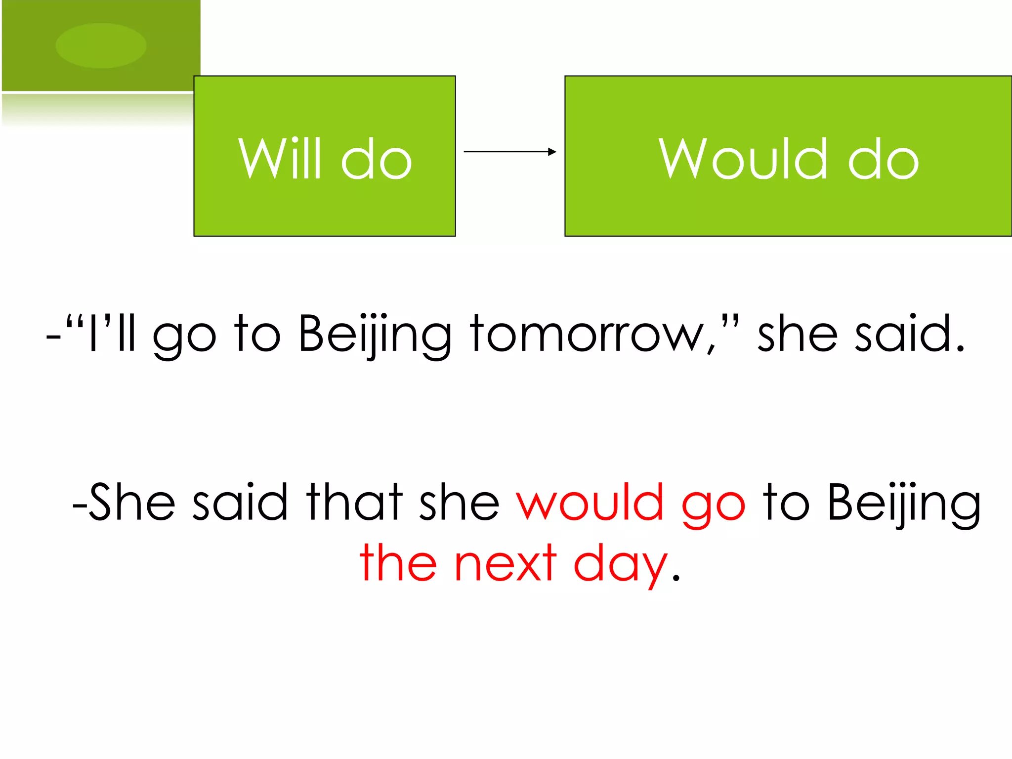 -“I’ll go to Beijing tomorrow,” she said. -She said that she  would go  to Beijing  the next day .  Will do Would do 
