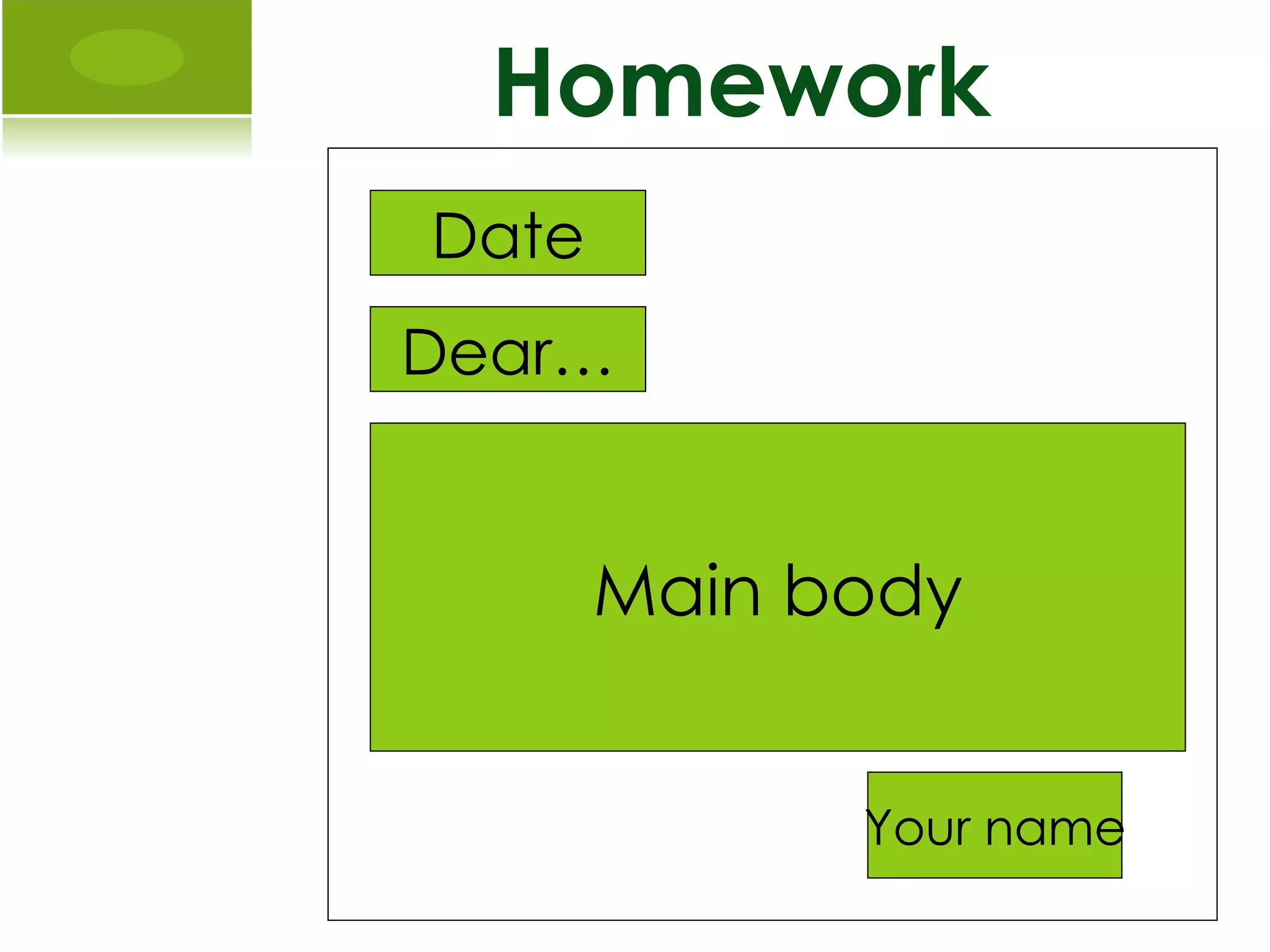 Homework Date Dear… Main body Your name 