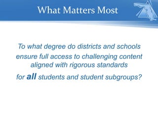 To what degree do districts and schools
ensure full access to challenging content
aligned with rigorous standards
for all students and student subgroups?
What Matters Most
 