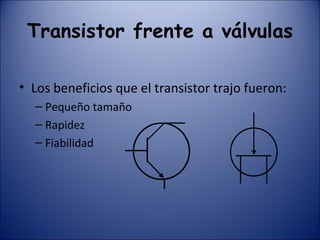 Transistor frente a válvulas Los beneficios que el transistor trajo fueron: Pequeño tamaño Rapidez Fiabilidad 