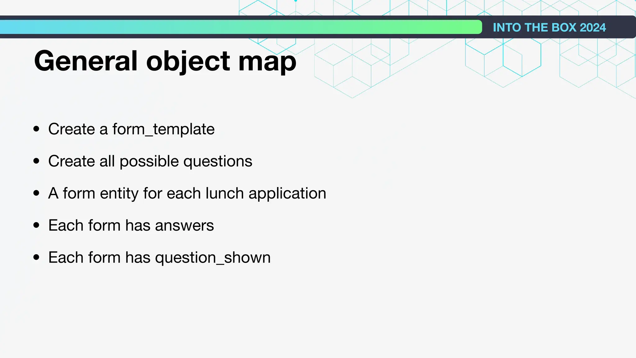 • Create a form_template
• Create all possible questions
• A form entity for each lunch application
• Each form has answers
• Each form has question_shown
INTO THE BOX 2024
General object map
 