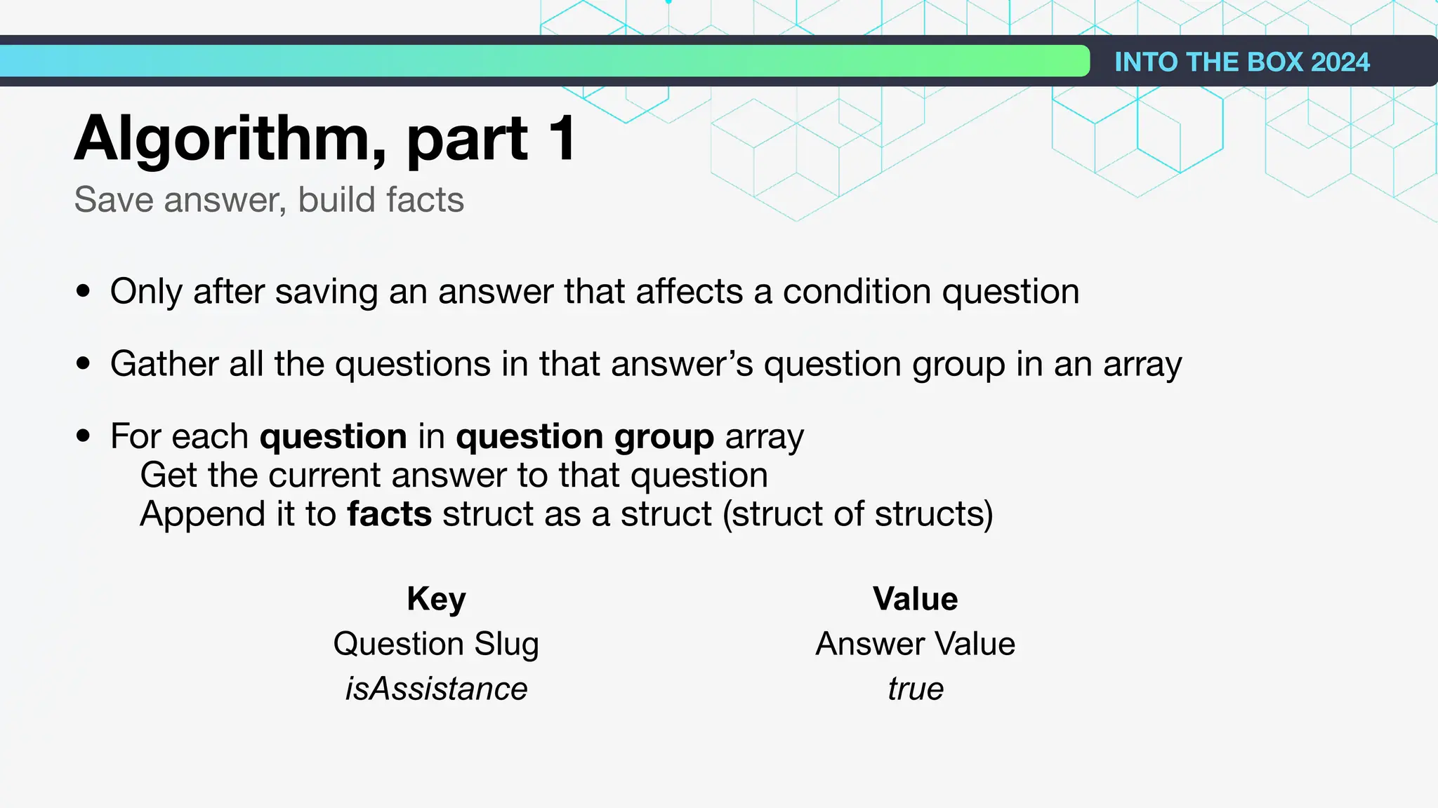 Algorithm, part 1
Save answer, build facts
• Only after saving an answer that aﬀects a condition question
• Gather all the questions in that answer’s question group in an array
• For each question in question group array
Get the current answer to that question
Append it to facts struct as a struct (struct of structs)
INTO THE BOX 2024
Key Value
Question Slug Answer Value
isAssistance true
 