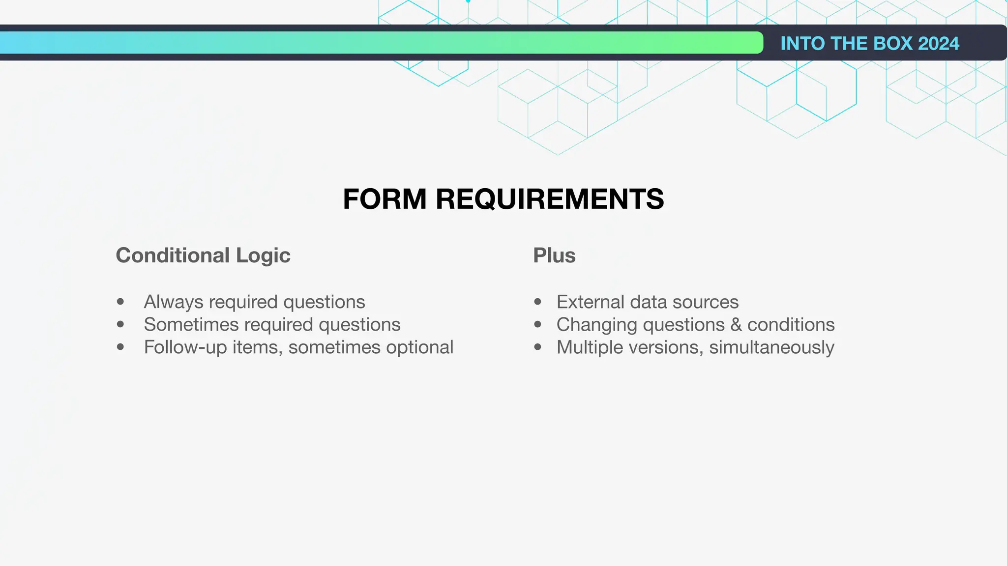 Conditional Logic
• Always required questions
• Sometimes required questions
• Follow-up items, sometimes optional
Plus
• External data sources
• Changing questions & conditions
• Multiple versions, simultaneously
INTO THE BOX 2024
FORM REQUIREMENTS
 