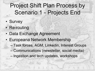Project Shift Plan Process by
Scenario 1 - Projects End
• Survey
• Re-routing
• Data Exchange Agreement
• Europeana Network Membership
– Task forces, AGM, Linkedin, Interest Groups
– Communications (newsletter, social media)
– Ingestion and tech updates, workshops
 