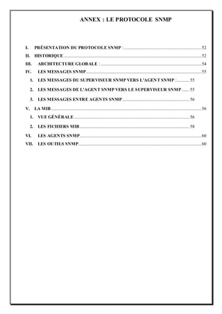 ANNEX : LE PROTOCOLE SNMP
I. PRÉSENTATION DU PROTOCOLE SNMP : .....................................................................52
II. HISTORIQUE ...........................................................................................................................52
III. ARCHITECTURE GLOBALE : ..........................................................................................54
IV. LES MESSAGES SNMP.......................................................................................................55
1. LES MESSAGES DU SUPERVISEUR SNMP VERS L'AGENT SNMP :........... 55
2. LES MESSAGES DE L'AGENT SNMP VERS LE SUPERVISEUR SNMP....... 55
3. LES MESSAGES ENTRE AGENTS SNMP............................................................ 56
V. LA MIB ......................................................................................................................................56
1. VUE GÉNÉRALE....................................................................................................... 56
2. LES FICHIERS MIB.................................................................................................. 58
VI. LES AGENTS SNMP.............................................................................................................60
VII. LES OUTILS SNMP..............................................................................................................60
 