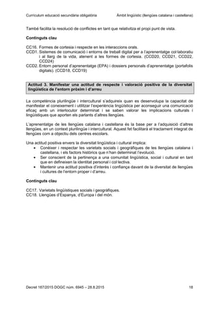 Currículum educació secundària obligatòria Àmbit lingüístic (llengües catalana i castellana)
Decret 187/2015 DOGC núm. 6945 – 28.8.2015 18
També facilita la resolució de conflictes en tant que relativitza el propi punt de vista.
Continguts clau
CC16. Formes de cortesia i respecte en les interaccions orals.
CCD1. Sistemes de comunicació i entorns de treball digital per a l’aprenentatge col·laboratiu
i al llarg de la vida, atenent a les formes de cortesia. (CCD20, CCD21, CCD22,
CCD24)
CCD2. Entorn personal d’aprenentatge (EPA) i dossiers personals d’aprenentatge (portafolis
digitals). (CCD18, CCD19)
Actitud 3. Manifestar una actitud de respecte i valoració positiva de la diversitat
lingüística de l’entorn pròxim i d’arreu
La competència plurilingüe i intercultural s’adquireix quan es desenvolupa la capacitat de
manifestar el coneixement i utilitzar l’experiència lingüística per aconseguir una comunicació
eficaç amb un interlocutor determinat i se saben valorar les implicacions culturals i
lingüístiques que aporten els parlants d’altres llengües.
L’aprenentatge de les llengües catalana i castellana és la base per a l’adquisició d’altres
llengües, en un context plurilingüe i intercultural. Aquest fet facilitarà el tractament integrat de
llengües com a objectiu dels centres escolars.
Una actitud positiva envers la diversitat lingüística i cultural implica:
Conèixer i respectar les varietats socials i geogràfiques de les llengües catalana i
castellana, i els factors històrics que n’han determinat l’evolució.
Ser conscient de la pertinença a una comunitat lingüística, social i cultural en tant
que en defineixen la identitat personal i col·lectiva.
Mantenir una actitud positiva d’interès i confiança davant de la diversitat de llengües
i cultures de l’entorn proper i d’arreu.
Continguts clau
CC17. Varietats lingüístiques socials i geogràfiques.
CC18. Llengües d’Espanya, d’Europa i del món.
 