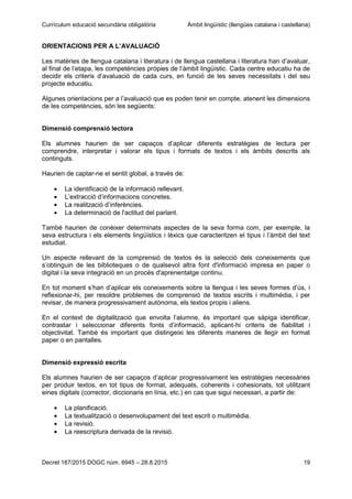 Currículum educació secundària obligatòria Àmbit lingüístic (llengües catalana i castellana)
Decret 187/2015 DOGC núm. 6945 – 28.8.2015 19
ORIENTACIONS PER A L’AVALUACIÓ
Les matèries de llengua catalana i literatura i de llengua castellana i literatura han d’avaluar,
al final de l’etapa, les competències pròpies de l’àmbit lingüístic. Cada centre educatiu ha de
decidir els criteris d’avaluació de cada curs, en funció de les seves necessitats i del seu
projecte educatiu.
Algunes orientacions per a l’avaluació que es poden tenir en compte, atenent les dimensions
de les competències, són les següents:
Dimensió comprensió lectora
Els alumnes haurien de ser capaços d’aplicar diferents estratègies de lectura per
comprendre, interpretar i valorar els tipus i formats de textos i els àmbits descrits als
continguts.
Haurien de captar-ne el sentit global, a través de:
La identificació de la informació rellevant.
L’extracció d’informacions concretes.
La realització d’inferències.
La determinació de l'actitud del parlant.
També haurien de conèixer determinats aspectes de la seva forma com, per exemple, la
seva estructura i els elements lingüístics i lèxics que caracteritzen el tipus i l’àmbit del text
estudiat.
Un aspecte rellevant de la comprensió de textos és la selecció dels coneixements que
s’obtinguin de les biblioteques o de qualsevol altra font d'informació impresa en paper o
digital i la seva integració en un procés d'aprenentatge continu.
En tot moment s’han d’aplicar els coneixements sobre la llengua i les seves formes d’ús, i
reflexionar-hi, per resoldre problemes de comprensió de textos escrits i multimèdia, i per
revisar, de manera progressivament autònoma, els textos propis i aliens.
En el context de digitalització que envolta l’alumne, és important que sàpiga identificar,
contrastar i seleccionar diferents fonts d’informació, aplicant-hi criteris de fiabilitat i
objectivitat. També és important que distingeixi les diferents maneres de llegir en format
paper o en pantalles.
Dimensió expressió escrita
Els alumnes haurien de ser capaços d’aplicar progressivament les estratègies necessàries
per produir textos, en tot tipus de format, adequats, coherents i cohesionats, tot utilitzant
eines digitals (corrector, diccionaris en línia, etc.) en cas que sigui necessari, a partir de:
La planificació.
La textualització o desenvolupament del text escrit o multimèdia.
La revisió.
La reescriptura derivada de la revisió.
 