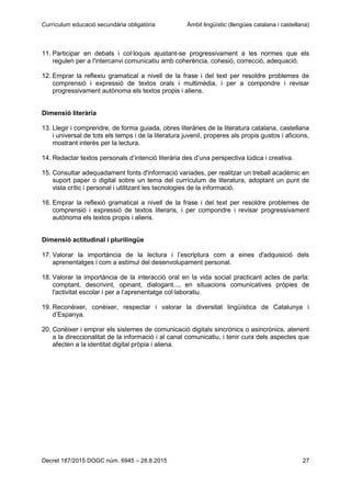 Currículum educació secundària obligatòria Àmbit lingüístic (llengües catalana i castellana)
Decret 187/2015 DOGC núm. 6945 – 28.8.2015 27
11. Participar en debats i col·loquis ajustant-se progressivament a les normes que els
regulen per a l'intercanvi comunicatiu amb coherència, cohesió, correcció, adequació.
12. Emprar la reflexiu gramatical a nivell de la frase i del text per resoldre problemes de
comprensió i expressió de textos orals i multimèdia, i per a compondre i revisar
progressivament autònoma els textos propis i aliens.
Dimensió literària
13. Llegir i comprendre, de forma guiada, obres literàries de la literatura catalana, castellana
i universal de tots els temps i de la literatura juvenil, properes als propis gustos i aficions,
mostrant interès per la lectura.
14. Redactar textos personals d’intenció literària des d’una perspectiva lúdica i creativa.
15. Consultar adequadament fonts d'informació variades, per realitzar un treball acadèmic en
suport paper o digital sobre un tema del currículum de literatura, adoptant un punt de
vista crític i personal i utilitzant les tecnologies de la informació.
16. Emprar la reflexió gramatical a nivell de la frase i del text per resoldre problemes de
comprensió i expressió de textos literaris, i per compondre i revisar progressivament
autònoma els textos propis i aliens.
Dimensió actitudinal i plurilingüe
17. Valorar la importància de la lectura i l’escriptura com a eines d'adquisició dels
aprenentatges i com a estímul del desenvolupament personal.
18. Valorar la importància de la interacció oral en la vida social practicant actes de parla:
comptant, descrivint, opinant, dialogant..., en situacions comunicatives pròpies de
l'activitat escolar i per a l’aprenentatge col·laboratiu.
19. Reconèixer, conèixer, respectar i valorar la diversitat lingüística de Catalunya i
d’Espanya.
20. Conèixer i emprar els sistemes de comunicació digitals sincrònics o asincrònics, atenent
a la direccionalitat de la informació i al canal comunicatiu, i tenir cura dels aspectes que
afecten a la identitat digital pròpia i aliena.
 