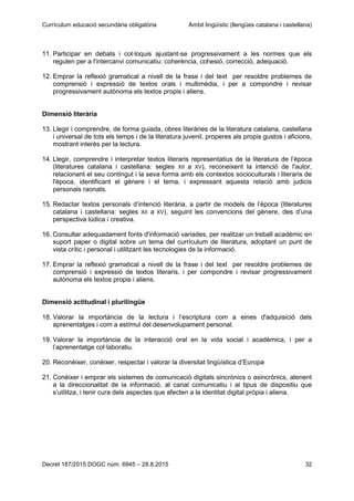 Currículum educació secundària obligatòria Àmbit lingüístic (llengües catalana i castellana)
Decret 187/2015 DOGC núm. 6945 – 28.8.2015 32
11. Participar en debats i col·loquis ajustant-se progressivament a les normes que els
regulen per a l'intercanvi comunicatiu: coherència, cohesió, correcció, adequació.
12. Emprar la reflexió gramatical a nivell de la frase i del text per resoldre problemes de
comprensió i expressió de textos orals i multimèdia, i per a compondre i revisar
progressivament autònoma els textos propis i aliens.
Dimensió literària
13. Llegir i comprendre, de forma guiada, obres literàries de la literatura catalana, castellana
i universal de tots els temps i de la literatura juvenil, properes als propis gustos i aficions,
mostrant interès per la lectura.
14. Llegir, comprendre i interpretar textos literaris representatius de la literatura de l’època
(literatures catalana i castellana: segles XII a XV), reconeixent la intenció de l'autor,
relacionant el seu contingut i la seva forma amb els contextos socioculturals i literaris de
l'època, identificant el gènere i el tema, i expressant aquesta relació amb judicis
personals raonats.
15. Redactar textos personals d’intenció literària, a partir de models de l’època (literatures
catalana i castellana: segles XII a XV), seguint les convencions del gènere, des d’una
perspectiva lúdica i creativa.
16. Consultar adequadament fonts d'informació variades, per realitzar un treball acadèmic en
suport paper o digital sobre un tema del currículum de literatura, adoptant un punt de
vista crític i personal i utilitzant les tecnologies de la informació.
17. Emprar la reflexió gramatical a nivell de la frase i del text per resoldre problemes de
comprensió i expressió de textos literaris, i per compondre i revisar progressivament
autònoma els textos propis i aliens.
Dimensió actitudinal i plurilingüe
18. Valorar la importància de la lectura i l’escriptura com a eines d'adquisició dels
aprenentatges i com a estímul del desenvolupament personal.
19. Valorar la importància de la interacció oral en la vida social i acadèmica, i per a
l’aprenentatge col·laboratiu.
20. Reconèixer, conèixer, respectar i valorar la diversitat lingüística d’Europa
21. Conèixer i emprar els sistemes de comunicació digitals sincrònics o asincrònics, atenent
a la direccionalitat de la informació, al canal comunicatiu i al tipus de dispositiu que
s’utilitza, i tenir cura dels aspectes que afecten a la identitat digital pròpia i aliena.
 