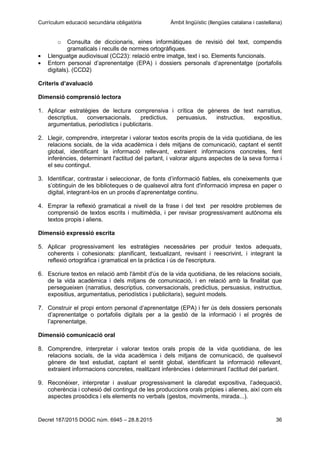 Currículum educació secundària obligatòria Àmbit lingüístic (llengües catalana i castellana)
Decret 187/2015 DOGC núm. 6945 – 28.8.2015 36
o Consulta de diccionaris, eines informàtiques de revisió del text, compendis
gramaticals i reculls de normes ortogràfiques.
Llenguatge audiovisual (CC23): relació entre imatge, text i so. Elements funcionals.
Entorn personal d’aprenentatge (EPA) i dossiers personals d’aprenentatge (portafolis
digitals). (CCD2)
Criteris d’avaluació
Dimensió comprensió lectora
1. Aplicar estratègies de lectura comprensiva i crítica de gèneres de text narratius,
descriptius, conversacionals, predictius, persuasius, instructius, expositius,
argumentatius, periodístics i publicitaris.
2. Llegir, comprendre, interpretar i valorar textos escrits propis de la vida quotidiana, de les
relacions socials, de la vida acadèmica i dels mitjans de comunicació, captant el sentit
global, identificant la informació rellevant, extraient informacions concretes, fent
inferències, determinant l'actitud del parlant, i valorar alguns aspectes de la seva forma i
el seu contingut.
3. Identificar, contrastar i seleccionar, de fonts d’informació fiables, els coneixements que
s’obtinguin de les biblioteques o de qualsevol altra font d'informació impresa en paper o
digital, integrant-los en un procés d’aprenentatge continu.
4. Emprar la reflexió gramatical a nivell de la frase i del text per resoldre problemes de
comprensió de textos escrits i multimèdia, i per revisar progressivament autònoma els
textos propis i aliens.
Dimensió expressió escrita
5. Aplicar progressivament les estratègies necessàries per produir textos adequats,
coherents i cohesionats: planificant, textualizant, revisant i reescrivint, i integrant la
reflexió ortogràfica i gramatical en la pràctica i ús de l'escriptura.
6. Escriure textos en relació amb l'àmbit d'ús de la vida quotidiana, de les relacions socials,
de la vida acadèmica i dels mitjans de comunicació, i en relació amb la finalitat que
persegueixen (narratius, descriptius, conversacionals, predictius, persuasius, instructius,
expositius, argumentatius, periodístics i publicitaris), seguint models.
7. Construir el propi entorn personal d’aprenentatge (EPA) i fer ús dels dossiers personals
d’aprenentatge o portafolis digitals per a la gestió de la informació i el progrés de
l’aprenentatge.
Dimensió comunicació oral
8. Comprendre, interpretar i valorar textos orals propis de la vida quotidiana, de les
relacions socials, de la vida acadèmica i dels mitjans de comunicació, de qualsevol
gènere de text estudiat, captant el sentit global, identificant la informació rellevant,
extraient informacions concretes, realitzant inferències i determinant l’actitud del parlant.
9. Reconèixer, interpretar i avaluar progressivament la claredat expositiva, l’adequació,
coherència i cohesió del contingut de les produccions orals pròpies i alienes, així com els
aspectes prosòdics i els elements no verbals (gestos, moviments, mirada...).
 