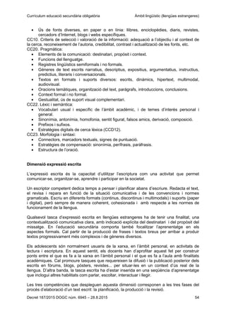 Currículum educació secundària obligatòria Àmbit lingüístic (llengües estrangeres)
Decret 187/2015 DOGC núm. 6945 – 28.8.2015 54
Ús de fonts diverses, en paper o en línia: llibres, enciclopèdies, diaris, revistes,
cercadors d’Internet, blogs i webs específiques.
CC10. Criteris de selecció i valoració de la informació: adequació a l’objectiu i al context de
la cerca, reconeixement de l’autoria, credibilitat, contrast i actualització de les fonts, etc.
CC20. Pragmàtica:
Elements de la comunicació: destinatari, propòsit i context.
Funcions del llenguatge.
Registres lingüístics semiformals i no formals.
Gèneres de text escrits narratius, descriptius, expositius, argumentatius, instructius,
predictius, literaris i conversacionals.
Textos en formats i suports diversos: escrits, dinàmics, hipertext, multimodal,
audiovisual.
Oracions temàtiques, organització del text, paràgrafs, introduccions, conclusions.
Context formal i no formal.
Gestualitat, ús de suport visual complementari.
CC22. Lèxic i semàntica:
Vocabulari usual i específic de l’àmbit acadèmic, i de temes d’interès personal i
general.
Sinonímia, antonímia, homofonia, sentit figurat, falsos amics, derivació, composició.
Prefixos i sufixos.
Estratègies digitals de cerca lèxica (CCD12).
CC23. Morfologia i sintaxi:
Connectors, marcadors textuals, signes de puntuació.
Estratègies de compensació: sinonímia, perífrasis, paràfrasis.
Estructura de l’oració.
Dimensió expressió escrita
L’expressió escrita és la capacitat d’utilitzar l’escriptura com una activitat que permet
comunicar-se, organitzar-se, aprendre i participar en la societat.
Un escriptor competent dedica temps a pensar i planificar abans d’escriure. Redacta el text,
el revisa i repara en funció de la situació comunicativa i de les convencions i normes
gramaticals. Escriu en diferents formats (continus, discontinus i multimodals) i suports (paper
i digital), però sempre de manera coherent, cohesionada i amb respecte a les normes de
funcionament de la llengua.
Qualsevol tasca d’expressió escrita en llengües estrangeres ha de tenir una finalitat, una
contextualització comunicativa clara, amb indicació explícita del destinatari i del propòsit del
missatge. En l’educació secundària comporta també focalitzar l’aprenentatge en els
aspectes formals. Cal partir de la producció de frases i textos breus per arribar a produir
textos progressivament més complexos i de gèneres diversos.
Els adolescents són normalment usuaris de la xarxa, en l’àmbit personal, en activitats de
lectura i escriptura. En aquest sentit, els docents han d’aprofitar aquest fet per construir
ponts entre el que es fa a la xarxa en l’àmbit personal i el que es fa a l’aula amb finalitats
acadèmiques. Cal promoure tasques que requereixen la difusió i la publicació posterior dels
escrits en fòrums, blogs, pòsters, revistes... per situar-les en un context d’ús real de la
llengua. D’altra banda, la tasca escrita ha d’estar inserida en una seqüència d’aprenentatge
que inclogui altres habilitats com parlar, escoltar, interactuar i llegir.
Les tres competències que despleguen aquesta dimensió corresponen a les tres fases del
procés d’elaboració d’un text escrit: la planificació, la producció i la revisió.
 