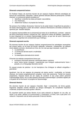 Currículum educació secundària obligatòria Àmbit lingüístic (llengües estrangeres)
Decret 187/2015 DOGC núm. 6945 – 28.8.2015 63
Dimensió comprensió lectora
En finalitzar l’etapa, els alumnes haurien de ser capaços d’aplicar diferents estratègies de
lectura per comprendre, interpretar i valorar gèneres textuals diferents pertanyents a àmbits
diversos. La comprensió global consisteix en:
Identificar i entendre les idees principals i secundàries.
Fer inferències.
Determinar l’actitud i el propòsit de l’emissor.
No sempre s’ha d’utilitzar diccionaris: l’alumne ha de poder deduir el significat de paraules o
de frases desconegudes a partir del context i extreure informacions concretes (incloses les
opinions) per resoldre tasques.
Un aspecte imprescindible de la comprensió de textos és la identificació, contrast i selecció
de fonts d’informació diversa, incloses les TAC, aplicant-hi criteris de fiabilitat i objectivitat, i
la seva integració en un procés d’aprenentatge continu, ja que han de servir l’alumne per
seleccionar i organitzar els coneixements que n’obtingui.
Dimensió expressió escrita
Els alumnes haurien de ser capaços d’aplicar progressivament les estratègies necessàries
per produir textos, en tot tipus de format, adequats, coherents i cohesionats, tot utilitzant
eines digitals (corrector, diccionaris en línia, etc.) en cas que sigui necessari, a partir de:
La planificació
La producció del text escrit o multimèdia
La revisió
La reescriptura derivada de la revisió
S’haurien de redactar composicions breus que:
continguin informació personal, sentiments bàsics i opinions;
versin sobre temes coneguts i experiències que incloguin esdeveniments futurs i
passats, en un llenguatge descriptiu senzill.
En aquest procés de pràctica i ús de l’escriptura s’ha d’integrar la reflexió ortogràfica i
gramatical.
Igualment, han de ser capaços de presentar els textos escrits i multimèdia, en formats
diversos, de manera progressivament completa i amb més autonomia. També de manera
progressiva, l’alumne hauria de ser capaç de construir el seu propi entorn personal
d’aprenentatge (EPA) i fer ús dels dossiers personals d’aprenentatge o portafolis digitals per
a la gestió de la informació i el progrés de l’aprenentatge.
Dimensió literària
Els alumnes haurien de ser capaços d’escoltar, llegir i comprendre, de forma guiada,
fragments adaptats d’obres literàries en llengua estrangera, de complexitat lingüística
moderada, properes als propis gustos i aficions.
És important també que textos literaris d’una certa extensió es llegeixin en veu alta, es
recitin o es cantin, atenent a la pronunciació, a l’entonació i al ritme, com a pas previ a la
redacció i l’expressió oral de textos personals d’intenció literària.
 