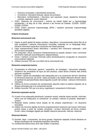 Currículum educació secundària obligatòria Àmbit lingüístic (llengües estrangeres)
Decret 187/2015 DOGC núm. 6945 – 28.8.2015 67
o Oracions compostes i subordinades temporals...
o Connectors, marcadors textuals, signes de puntuació.
o Marcadors morfosintàctics i discursius que expressin causa, seqüència temporal,
contrast, explicació, acord, desacord.
CCD1. Sistemes de comunicació i entorns de treball digital per a l’aprenentatge
col·laboratiu i al llarg de la vida, atenent a les formes de cortesia. (CCD20, CCD21,
CCD22, CCD24)
CCD2. Entorn personal d’aprenentatge (EPA) i dossiers personals d’aprenentatge
(portafolis digitals).
Criteris d’avaluació
Dimensió comunicació oral
1. Captar el sentit global de textos narratius, descriptius i conversacionals sobre fets de la
vida quotidiana i extreure informacions concretes, redactats en un llenguatge bàsic.
Extreure informació específica d’audicions de l’àmbit personal.
2. Llegir expressivament textos descriptius i narratius fent l’entonació adequada i amb
pronunciació acceptable.
3. Fer preguntes i breus narracions d’esdeveniments en passat, present i futur; comunicar
sentiments habituals (acord/desacord, alegria/tristesa).
4. Iniciar i mantenir converses informals sobre temes/situacions conegudes en situacions
comunicatives habituals.
5. Utilitzar recursos TAC per a la millora de la comunicació oral.
Dimensió comprensió lectora
6. Comprendre la informació, general i específica, de missatges i documents adaptats,
incloent-hi els procedents de tipus de text diversos, sobre temes d’interès dels àmbits
personal i acadèmic.
7. Conèixer i aplicar les estratègies més adequades per a la comprensió del text: identificar
la informació essencial, els punts i idees principals o els detalls rellevants del text; deduir
el significat de paraules/frases desconegudes a partir del context, i extreure informacions
concretes.
8. Utilitzar de forma conscient els coneixements adquirits sobre el sistema lingüístic de la
llengua estrangera per a la comprensió escrita.
9. Utilitzar recursos TAC per a la cerca, organització i presentació d’informació.
Dimensió expressió escrita
10. A partir d’una adequada planificació i posterior revisió, redactar textos senzills, informals,
tenint cura de l’adequació, la coherència i la cohesió i atenent al propòsit, destinatari i
context.
11. Redactar textos creatius breus basats en les pròpies experiències i en situacions
simulades.
12. Utilitzar els recursos digitals de forma progressivament autònoma per buscar informació,
produir textos a partir de models, processar i enriquir informació de forma creativa.
Enviar i rebre missatges digitals per establir relacions personals, internes i externes.
Dimensió literària
13. Escoltar, llegir i comprendre, de forma guiada, fragments adaptats d’obres literàries en
llengua estrangera de complexitat lingüística elemental.
14. Comprendre textos breus amb valor estètic o expressiu.
 
