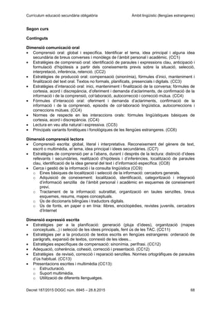 Currículum educació secundària obligatòria Àmbit lingüístic (llengües estrangeres)
Decret 187/2015 DOGC núm. 6945 – 28.8.2015 68
Segon curs
Continguts
Dimensió comunicació oral
Comprensió oral: global i específica. Identificar el tema, idea principal i alguna idea
secundària de breus converses i monòlegs de l’àmbit personal i acadèmic. (CC1)
Estratègies de comprensió oral: identificació de paraules i expressions clau, anticipació i
formulació d’hipòtesis a partir dels coneixements previs sobre la situació, selecció,
interpretació, inferència, retenció. (CC2)
Estratègies de producció oral: compensació (sinonímia), fórmules d’inici, manteniment i
finalització del text oral. Textos no formals, planificats, presencials i digitals. (CC3)
Estratègies d’interacció oral: inici, manteniment i finalització de la conversa; fórmules de
cortesia, acord i discrepància, d’oferiment i demanda d’aclariments, de confirmació de la
informació i de la comprensió, col·laboració, autocorrecció i correcció mútua. (CC4)
Fórmules d’interacció oral: oferiment i demanda d’aclariments, confirmació de la
informació i de la comprensió, episodis de col·laboració lingüística, autocorreccions i
correccions mútues. (CC4)
Normes de respecte en les interaccions orals: fórmules lingüístiques bàsiques de
cortesia, acord i discrepància. (CC4)
Lectura en veu alta natural i expressiva. (CC5)
Principals variants fonètiques i fonològiques de les llengües estrangeres. (CC6)
Dimensió comprensió lectora
Comprensió escrita: global, literal i interpretativa. Reconeixement del gènere de text,
escrit o multimèdia, el tema, idea principal i idees secundàries. (CC7)
Estratègies de comprensió per a l’abans, durant i després de la lectura: distinció d’idees
rellevants i secundàries, realització d’hipòtesis i d’inferències, localització de paraules
clau, identificació de la idea general del text i d’informació específica. (CC8)
Cerca i gestió de la informació i la consulta lingüística (CC9):
o Eines bàsiques de localització i selecció de la informació: cercadors generals.
o Adquisició de coneixement: localització, identificació, categorització i integració
d’informació senzilla de l’àmbit personal i acadèmic en esquemes de coneixement
previ.
o Tractament de la informació: subratllat, organització en taules senzilles, breus
esquemes, resums, mapes conceptuals.
o Ús de diccionaris bilingües i traductors digitals.
o Ús de fonts, en paper o en línia: llibres, enciclopèdies, revistes juvenils, cercadors
d’Internet
Dimensió expressió escrita
Estratègies per a la planificació: generació (pluja d’idees), organització (mapes
conceptuals...) i selecció de les idees principals, fent ús de les TAC. (CC11)
Estratègies per a la producció de textos escrits en llengües estrangeres: ordenació de
paràgrafs, expansió de textos, connexió de les idees...
Estratègies específiques de compensació: sinonímia, perífrasi. (CC12)
Adequació, coherència, cohesió, correcció i presentació. (CC12)
Estratègies de revisió, correcció i reparació senzilles. Normes ortogràfiques de paraules
d’ús habitual. (CC13)
Presentacions escrites i multimèdia (CC13):
o Estructuració.
o Suport multimèdia.
o Utilització de diferents llenguatges.
 