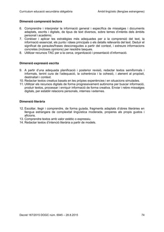 Currículum educació secundària obligatòria Àmbit lingüístic (llengües estrangeres)
Decret 187/2015 DOGC núm. 6945 – 28.8.2015 74
Dimensió comprensió lectora
6. Comprendre i interpretar la informació general i específica de missatges i documents
adaptats, escrits i digitals, de tipus de text diversos, sobre temes d’interès dels àmbits
personal i acadèmic.
7. Conèixer i aplicar les estratègies més adequades per a la comprensió del text, la
informació essencial, els punts i idees principals o els detalls rellevants del text. Deduir el
significat de paraules/frases desconegudes a partir del context, i extreure informacions
concretes (incloses opinions) per resoldre tasques.
8. Utilitzar recursos TAC per a la cerca, organització i presentació d’informació.
Dimensió expressió escrita
9. A partir d’una adequada planificació i posterior revisió, redactar textos semiformals i
informals, tenint cura de l’adequació, la coherència i la cohesió, i atenent al propòsit,
destinatari i context.
10. Redactar textos creatius basats en les pròpies experiències i en situacions simulades.
11. Utilitzar els recursos digitals de forma progressivament autònoma per buscar informació,
produir textos, processar i enriquir informació de forma creativa. Enviar i rebre missatges
digitals, per establir relacions personals, internes i externes.
Dimensió literària
12. Escoltar, llegir i comprendre, de forma guiada, fragments adaptats d’obres literàries en
llengua estrangera de complexitat lingüística moderada, properes als propis gustos i
aficions.
13. Comprendre textos amb valor estètic o expressiu.
14. Redactar textos d’intenció literària a partir de models.
 