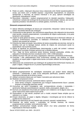 Currículum educació secundària obligatòria Àmbit lingüístic (llengües estrangeres)
Decret 187/2015 DOGC núm. 6945 – 28.8.2015 78
9. Parlar en públic, mitjançant discursos breus relacionats amb l'àmbit escolar/acadèmic i
social, que tenen com a finalitat exposar i argumentar especialment, en situacions
semiformals o informals, de manera individual o en grup, aplicant estratègies de
planificació, textualització i revisió.
10. Reconèixer, interpretar i avaluar progressivament la claredat expositiva, l'adequació,
coherència i cohesió del contingut de les produccions orals pròpies i alienes, així com els
aspectes prosòdics i els elements no verbals (gestos, moviments, mirada...).
Dimensió comprensió lectora
11. Aplicar diferents estratègies de lectura per comprendre, interpretar i valorar els tipus de
textos i els àmbits descrits als continguts.
12. Comprendre la idea general i les informacions específiques més rellevants de documents
orals senzills, emesos presencialment, o procedents de mitjans audiovisuals, si es parla
lentament i amb claredat.
13. Captar el sentit global de textos, a través de la identificació de la informació rellevant, la
extracció d’informacions concretes, la realització d’inferències, la determinació de
l'actitud i del propòsit de l’emissor.
14. Entendre les idees principals i secundàries de textos accessibles als alumnes, tant per la
temàtica com per la tipologia textual, extrets de mitjans de comunicació social no
especialitzat i de la premsa juvenil.
15. Deduir el significat de paraules/frases desconegudes a partir del context i extreure
informacions concretes (incloses opinions) per a resoldre tasques.
16. Triar i llegir de forma autònoma textos diversos: lectures graduades, articles, etc.
adequats al nivell dels alumnes (vocabulari entre 1.500 i 2.000 paraules).
17. Utilitzar recursos TAC per a la cerca, organització, intercanvi i presentació d’informació.
18. Consultar i citar adequadament fonts d'informació variades, per realitzar un treball
acadèmic en suport paper o digital sobre temes curriculars utilitzant les tecnologies de la
informació.
19. Seleccionar els coneixements que s'obtinguin de qualsevol font d'informació impresa, en
paper o digital, i integrar-los en un procés d'aprenentatge constructiu.
Dimensió expressió escrita
20. Aplicar progressivament les estratègies necessàries per produir textos adequats,
coherents i cohesionats a partir d’una adequada planificació, posterior revisió i la
reescriptura derivada de la revisió si escau.
21. Utilitzar connectors bàsics per unir frases i marcadors per estructurar idees.
22. Redactar composicions breus:
amb informació personal, sentiments bàsics i opinions;
sobre temes coneguts i experiències que incloguin esdeveniments futurs i passats
emprant un llenguatge descriptiu senzill.
23. Comunicar per escrit (missatgeria, xats, correspondència privada...) necessitats i
sentiments habituals (acord/desacord, oposició, dubte, preocupació, alegria, etc.).
24. Escriure una seqüència d’enunciats per explicar com s’elabora o es fa alguna cosa o per
donar instruccions clares sobre el que cal fer.
25. Personalitzar un text senzill, proposat com a model, emprant frases simples que es
refereixin a un mateix.
26. Emprar diccionaris, en paper o digitals, bilingües i monolingües per tal de millorar la
qualitat de les redaccions.
27. Millorar els esborranys per tal d’assolir més correcció, precisió i varietat lèxica.
28. Presentar els textos escrits i multimèdia, en formats diversos, de manera
progressivament completa i amb autonomia major.
29. Realitzar col·lectivament treballs senzills entorn d’un tema presentant de forma
organitzada la informació recollida.
 