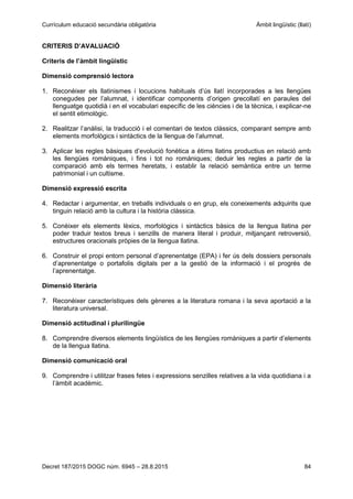 Currículum educació secundària obligatòria Àmbit lingüístic (llatí)
Decret 187/2015 DOGC núm. 6945 – 28.8.2015 84
CRITERIS D’AVALUACIÓ
Criteris de l’àmbit lingüístic
Dimensió comprensió lectora
1. Reconèixer els llatinismes i locucions habituals d’ús llatí incorporades a les llengües
conegudes per l’alumnat, i identificar components d’origen grecollatí en paraules del
llenguatge quotidià i en el vocabulari específic de les ciències i de la tècnica, i explicar-ne
el sentit etimològic.
2. Realitzar l’anàlisi, la traducció i el comentari de textos clàssics, comparant sempre amb
elements morfològics i sintàctics de la llengua de l’alumnat.
3. Aplicar les regles bàsiques d’evolució fonètica a ètims llatins productius en relació amb
les llengües romàniques, i fins i tot no romàniques; deduir les regles a partir de la
comparació amb els termes heretats, i establir la relació semàntica entre un terme
patrimonial i un cultisme.
Dimensió expressió escrita
4. Redactar i argumentar, en treballs individuals o en grup, els coneixements adquirits que
tinguin relació amb la cultura i la història clàssica.
5. Conèixer els elements lèxics, morfològics i sintàctics bàsics de la llengua llatina per
poder traduir textos breus i senzills de manera literal i produir, mitjançant retroversió,
estructures oracionals pròpies de la llengua llatina.
6. Construir el propi entorn personal d’aprenentatge (EPA) i fer ús dels dossiers personals
d’aprenentatge o portafolis digitals per a la gestió de la informació i el progrés de
l’aprenentatge.
Dimensió literària
7. Reconèixer característiques dels gèneres a la literatura romana i la seva aportació a la
literatura universal.
Dimensió actitudinal i plurilingüe
8. Comprendre diversos elements lingüístics de les llengües romàniques a partir d’elements
de la llengua llatina.
Dimensió comunicació oral
9. Comprendre i utilitzar frases fetes i expressions senzilles relatives a la vida quotidiana i a
l’àmbit acadèmic.
 