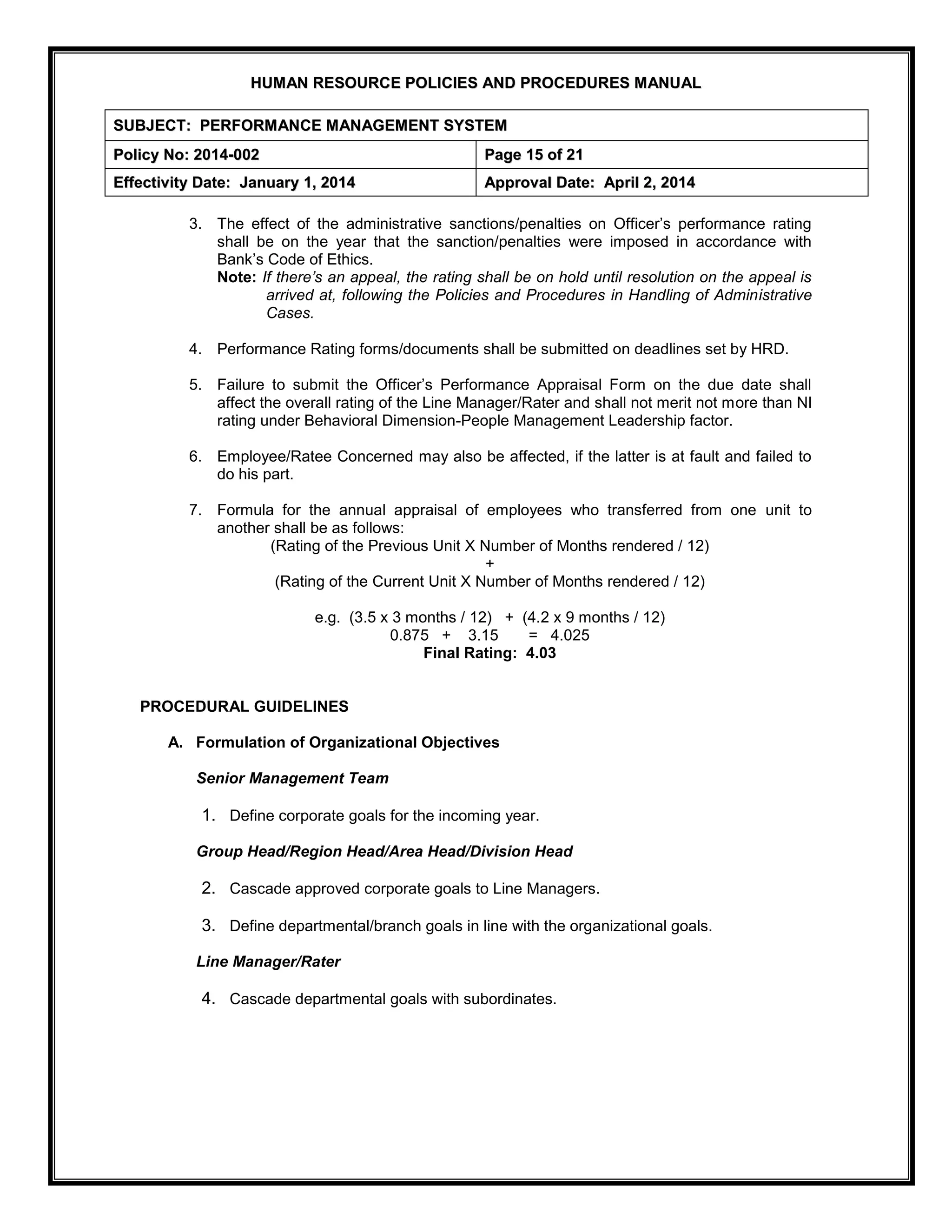 H
HU
UM
MA
AN
N R
RE
ES
SO
OU
UR
RC
CE
E P
PO
OL
LI
IC
CI
IE
ES
S A
AN
ND
D P
PR
RO
OC
CE
ED
DU
UR
RE
ES
S M
MA
AN
NU
UA
AL
L
S
SU
UB
BJ
JE
EC
CT
T:
: P
PE
ER
RF
FO
OR
RM
MA
AN
NC
CE
E M
MA
AN
NA
AG
GE
EM
ME
EN
NT
T S
SY
YS
ST
TE
EM
M
P
Po
ol
li
ic
cy
y N
No
o:
: 2
20
01
14
4-
-0
00
02
2 P
Pa
ag
ge
e 1
15
5 o
of
f 2
21
1
E
Ef
ff
fe
ec
ct
ti
iv
vi
it
ty
y D
Da
at
te
e:
: J
Ja
an
nu
ua
ar
ry
y 1
1,
, 2
20
01
14
4 A
Ap
pp
pr
ro
ov
va
al
l D
Da
at
te
e:
: A
Ap
pr
ri
il
l 2
2,
, 2
20
01
14
4
3. The effect of the administrative sanctions/penalties on Officer’s performance rating
shall be on the year that the sanction/penalties were imposed in accordance with
Bank’s Code of Ethics.
Note: If there’s an appeal, the rating shall be on hold until resolution on the appeal is
arrived at, following the Policies and Procedures in Handling of Administrative
Cases.
4. Performance Rating forms/documents shall be submitted on deadlines set by HRD.
5. Failure to submit the Officer’s Performance Appraisal Form on the due date shall
affect the overall rating of the Line Manager/Rater and shall not merit not more than NI
rating under Behavioral Dimension-People Management Leadership factor.
6. Employee/Ratee Concerned may also be affected, if the latter is at fault and failed to
do his part.
7. Formula for the annual appraisal of employees who transferred from one unit to
another shall be as follows:
(Rating of the Previous Unit X Number of Months rendered / 12)
+
(Rating of the Current Unit X Number of Months rendered / 12)
e.g. (3.5 x 3 months / 12) + (4.2 x 9 months / 12)
0.875 + 3.15 = 4.025
Final Rating: 4.03
PROCEDURAL GUIDELINES
A. Formulation of Organizational Objectives
Senior Management Team
1. Define corporate goals for the incoming year.
Group Head/Region Head/Area Head/Division Head
2. Cascade approved corporate goals to Line Managers.
3. Define departmental/branch goals in line with the organizational goals.
Line Manager/Rater
4. Cascade departmental goals with subordinates.
 