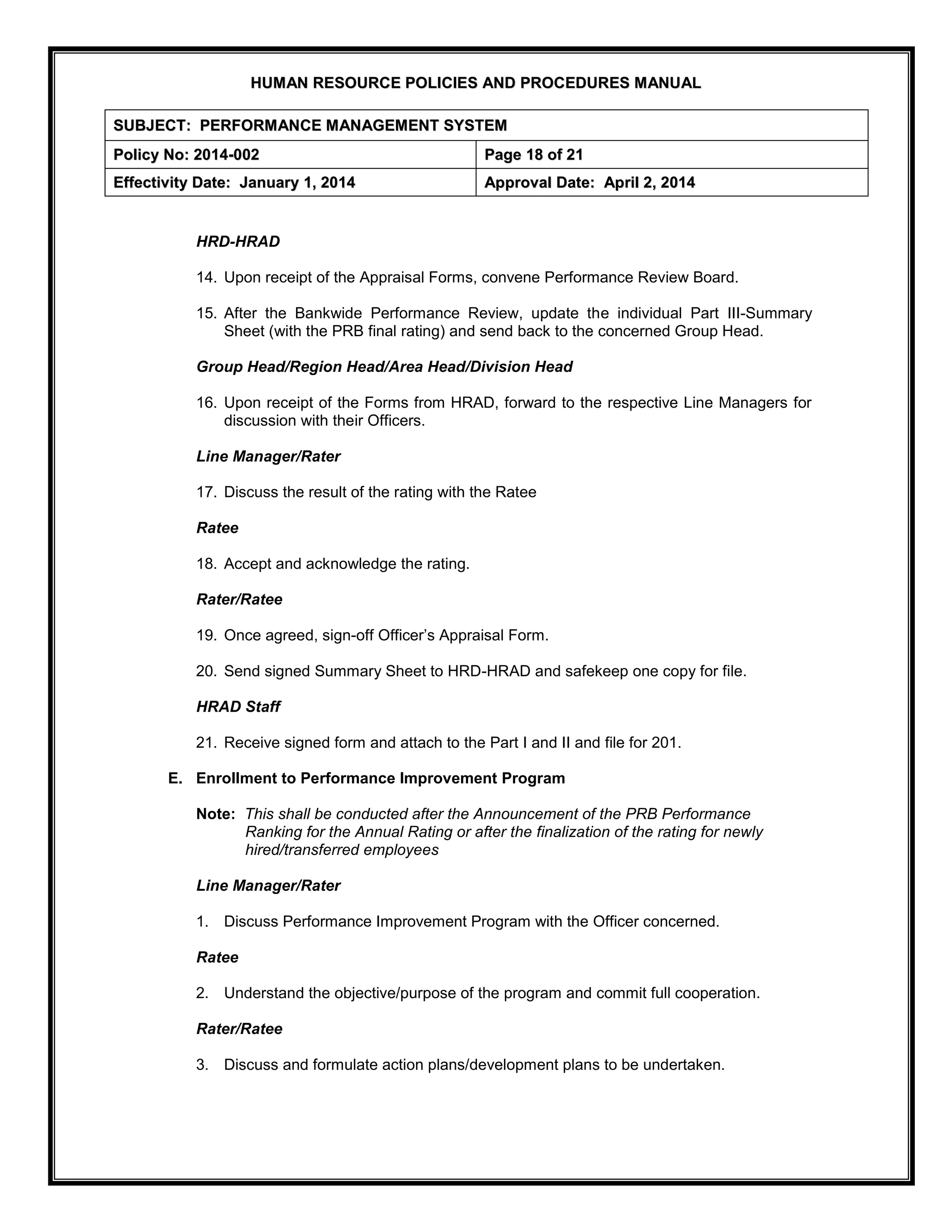 H
HU
UM
MA
AN
N R
RE
ES
SO
OU
UR
RC
CE
E P
PO
OL
LI
IC
CI
IE
ES
S A
AN
ND
D P
PR
RO
OC
CE
ED
DU
UR
RE
ES
S M
MA
AN
NU
UA
AL
L
S
SU
UB
BJ
JE
EC
CT
T:
: P
PE
ER
RF
FO
OR
RM
MA
AN
NC
CE
E M
MA
AN
NA
AG
GE
EM
ME
EN
NT
T S
SY
YS
ST
TE
EM
M
P
Po
ol
li
ic
cy
y N
No
o:
: 2
20
01
14
4-
-0
00
02
2 P
Pa
ag
ge
e 1
18
8 o
of
f 2
21
1
E
Ef
ff
fe
ec
ct
ti
iv
vi
it
ty
y D
Da
at
te
e:
: J
Ja
an
nu
ua
ar
ry
y 1
1,
, 2
20
01
14
4 A
Ap
pp
pr
ro
ov
va
al
l D
Da
at
te
e:
: A
Ap
pr
ri
il
l 2
2,
, 2
20
01
14
4
HRD-HRAD
14. Upon receipt of the Appraisal Forms, convene Performance Review Board.
15. After the Bankwide Performance Review, update the individual Part III-Summary
Sheet (with the PRB final rating) and send back to the concerned Group Head.
Group Head/Region Head/Area Head/Division Head
16. Upon receipt of the Forms from HRAD, forward to the respective Line Managers for
discussion with their Officers.
Line Manager/Rater
17. Discuss the result of the rating with the Ratee
Ratee
18. Accept and acknowledge the rating.
Rater/Ratee
19. Once agreed, sign-off Officer’s Appraisal Form.
20. Send signed Summary Sheet to HRD-HRAD and safekeep one copy for file.
HRAD Staff
21. Receive signed form and attach to the Part I and II and file for 201.
E. Enrollment to Performance Improvement Program
Note: This shall be conducted after the Announcement of the PRB Performance
Ranking for the Annual Rating or after the finalization of the rating for newly
hired/transferred employees
Line Manager/Rater
1. Discuss Performance Improvement Program with the Officer concerned.
Ratee
2. Understand the objective/purpose of the program and commit full cooperation.
Rater/Ratee
3. Discuss and formulate action plans/development plans to be undertaken.
 