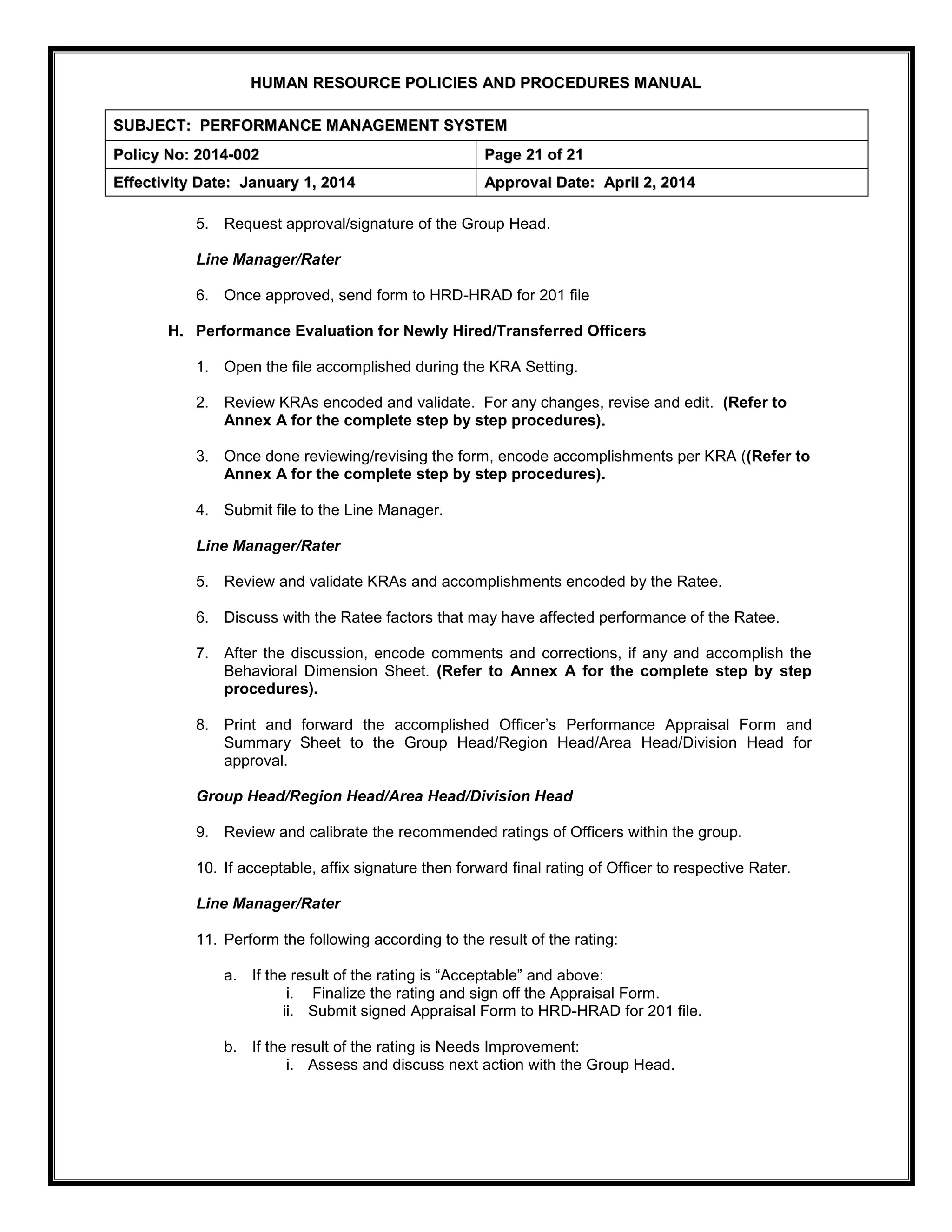 H
HU
UM
MA
AN
N R
RE
ES
SO
OU
UR
RC
CE
E P
PO
OL
LI
IC
CI
IE
ES
S A
AN
ND
D P
PR
RO
OC
CE
ED
DU
UR
RE
ES
S M
MA
AN
NU
UA
AL
L
S
SU
UB
BJ
JE
EC
CT
T:
: P
PE
ER
RF
FO
OR
RM
MA
AN
NC
CE
E M
MA
AN
NA
AG
GE
EM
ME
EN
NT
T S
SY
YS
ST
TE
EM
M
P
Po
ol
li
ic
cy
y N
No
o:
: 2
20
01
14
4-
-0
00
02
2 P
Pa
ag
ge
e 2
21
1 o
of
f 2
21
1
E
Ef
ff
fe
ec
ct
ti
iv
vi
it
ty
y D
Da
at
te
e:
: J
Ja
an
nu
ua
ar
ry
y 1
1,
, 2
20
01
14
4 A
Ap
pp
pr
ro
ov
va
al
l D
Da
at
te
e:
: A
Ap
pr
ri
il
l 2
2,
, 2
20
01
14
4
5. Request approval/signature of the Group Head.
Line Manager/Rater
6. Once approved, send form to HRD-HRAD for 201 file
H. Performance Evaluation for Newly Hired/Transferred Officers
1. Open the file accomplished during the KRA Setting.
2. Review KRAs encoded and validate. For any changes, revise and edit. (Refer to
Annex A for the complete step by step procedures).
3. Once done reviewing/revising the form, encode accomplishments per KRA ((Refer to
Annex A for the complete step by step procedures).
4. Submit file to the Line Manager.
Line Manager/Rater
5. Review and validate KRAs and accomplishments encoded by the Ratee.
6. Discuss with the Ratee factors that may have affected performance of the Ratee.
7. After the discussion, encode comments and corrections, if any and accomplish the
Behavioral Dimension Sheet. (Refer to Annex A for the complete step by step
procedures).
8. Print and forward the accomplished Officer’s Performance Appraisal Form and
Summary Sheet to the Group Head/Region Head/Area Head/Division Head for
approval.
Group Head/Region Head/Area Head/Division Head
9. Review and calibrate the recommended ratings of Officers within the group.
10. If acceptable, affix signature then forward final rating of Officer to respective Rater.
Line Manager/Rater
11. Perform the following according to the result of the rating:
a. If the result of the rating is “Acceptable” and above:
i. Finalize the rating and sign off the Appraisal Form.
ii. Submit signed Appraisal Form to HRD-HRAD for 201 file.
b. If the result of the rating is Needs Improvement:
i. Assess and discuss next action with the Group Head.
 
