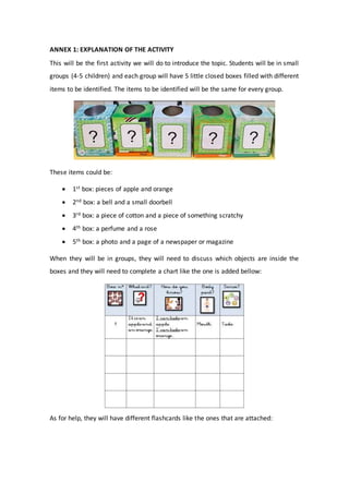 ANNEX 1: EXPLANATION OF THE ACTIVITY
This will be the first activity we will do to introduce the topic. Students will be in small
groups (4-5 children) and each group will have 5 little closed boxes filled with different
items to be identified. The items to be identified will be the same for every group.
These items could be:
 1st box: pieces of apple and orange
 2nd box: a bell and a small doorbell
 3rd box: a piece of cotton and a piece of something scratchy
 4th box: a perfume and a rose
 5th box: a photo and a page of a newspaper or magazine
When they will be in groups, they will need to discuss which objects are inside the
boxes and they will need to complete a chart like the one is added bellow:
As for help, they will have different flashcards like the ones that are attached:
 