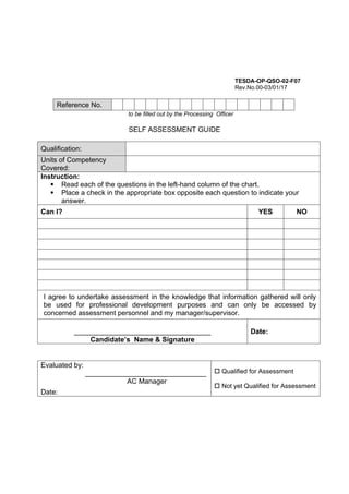 TESDA-OP-QSO-02-F07
Rev.No.00-03/01/17
Reference No.
to be filled out by the Processing Officer
SELF ASSESSMENT GUIDE
Qualification:
Units of Competency
Covered:
Instruction:
 Read each of the questions in the left-hand column of the chart.
 Place a check in the appropriate box opposite each question to indicate your
answer.
Can I? YES NO
I agree to undertake assessment in the knowledge that information gathered will only
be used for professional development purposes and can only be accessed by
concerned assessment personnel and my manager/supervisor.
___________________________________
Candidate’s Name & Signature
Date:
Evaluated by:
_______________________________
AC Manager
Date:
 Qualified for Assessment
 Not yet Qualified for Assessment
 