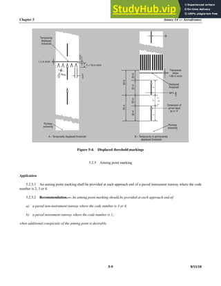 Chapter 5 Annex 14 — Aerodromes
5-9 8/11/18
Figure 5-4. Displaced threshold markings
5.2.5 Aiming point marking
Application
5.2.5.1 An aiming point marking shall be provided at each approach end of a paved instrument runway where the code
number is 2, 3 or 4.
5.2.5.2 Recommendation.— An aiming point marking should be provided at each approach end of:
a) a paved non-instrument runway where the code number is 3 or 4;
b) a paved instrument runway where the code number is 1;
when additional conspicuity of the aiming point is desirable.
h mnm
12
h
3
1.2 m mnm
h = 10 m mnm
h
5
Temporarily
displaced
threshold
Runway
extremity
A – Temporarily displaced threshold B – Temporarily or permanently
displaced threshold
W
50
m
50
m
20
m
30
m
30
m
20
m
Transverse
stripe
1.80 m mnm
Displaced
threshold
Dimension of
arrow head
as in ‘A’
Runway
extremity
aprx. w
2

 