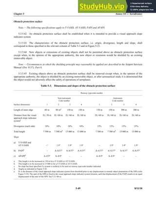 Chapter 5 Annex 14 — Aerodromes
5-49 8/11/18
Obstacle protection surface
Note.— The following specifications apply to T-VASIS, AT-VASIS, PAPI and APAPI.
5.3.5.42 An obstacle protection surface shall be established when it is intended to provide a visual approach slope
indicator system.
5.3.5.43 The characteristics of the obstacle protection surface, i.e. origin, divergence, length and slope, shall
correspond to those specified in the relevant column of Table 5-3 and in Figure 5-21.
5.3.5.44 New objects or extensions of existing objects shall not be permitted above an obstacle protection surface
except when, in the opinion of the appropriate authority, the new object or extension would be shielded by an existing
immovable object.
Note.— Circumstances in which the shielding principle may reasonably be applied are described in the Airport Services
Manual (Doc 9137), Part 6.
5.3.5.45 Existing objects above an obstacle protection surface shall be removed except when, in the opinion of the
appropriate authority, the object is shielded by an existing immovable object, or after aeronautical study it is determined that
the object would not adversely affect the safety of operations of aeroplanes.
Table 5-3. Dimensions and slopes of the obstacle protection surface
Runway type/code number
Non-instrument
Code number
Instrument
Code number
Surface dimensions 1 2 3 4 1 2 3 4
Length of inner edge 60 m 80 ma
150 m 150 m 150 m 150 m 300 m 300 m
Distance from the visual
approach slope indicator
systeme
D1+30 m D1+60 m D1+60 m D1+60 m D1+60 m D1+60 m D1+60 m D1+60 m
Divergence (each side) 10% 10% 10% 10% 15% 15% 15% 15%
Total length 7 500 m 7 500 mb
15 000 m 15 000 m 7 500 m 7 500 mb
15 000 m 15 000 m
Slope
a) T-VASIS and
AT-VASIS –c
1.9° 1.9° 1.9° – 1.9° 1.9° 1.9°
b) PAPId
– A–0.57° A–0.57° A–0.57° A–0.57° A–0.57° A–0.57° A–0.57°
c) APAPId
A–0.9° A–0.9° – – A–0.9° A–0.9° – –
a. This length is to be increased to 150 m for a T-VASIS or AT-VASIS.
b. This length is to be increased to 15 000 m for a T-VASIS or AT-VASIS.
c. No slope has been specified if a system is unlikely to be used on runway type/code number indicated.
d. Angles as indicated in Figure 5-20.
e. D1 is the distance of the visual approach slope indicator system from threshold prior to any displacement to remedy object penetration of the OPS (refer
Figure 5-19). The start of the OPS is fixed to the visual approach slope indicator system location, such that displacement of the PAPI results in an equal
displacement of the start of the OPS. See 5.3.5.46 e).
 