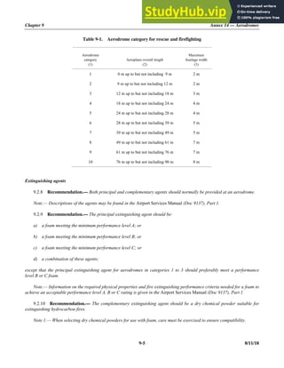 Chapter 9 Annex 14 — Aerodromes
9-5 8/11/18
Table 9-1. Aerodrome category for rescue and firefighting
Aerodrome
category
(1)
Aeroplane overall length
(2)
Maximum
fuselage width
(3)
1 0 m up to but not including 9 m 2 m
2 9 m up to but not including 12 m 2 m
3 12 m up to but not including 18 m 3 m
4 18 m up to but not including 24 m 4 m
5 24 m up to but not including 28 m 4 m
6 28 m up to but not including 39 m 5 m
7 39 m up to but not including 49 m 5 m
8 49 m up to but not including 61 m 7 m
9 61 m up to but not including 76 m 7 m
10 76 m up to but not including 90 m 8 m
Extinguishing agents
9.2.8 Recommendation.— Both principal and complementary agents should normally be provided at an aerodrome.
Note.— Descriptions of the agents may be found in the Airport Services Manual (Doc 9137), Part 1.
9.2.9 Recommendation.— The principal extinguishing agent should be:
a) a foam meeting the minimum performance level A; or
b) a foam meeting the minimum performance level B; or
c) a foam meeting the minimum performance level C; or
d) a combination of these agents;
except that the principal extinguishing agent for aerodromes in categories 1 to 3 should preferably meet a performance
level B or C foam.
Note.— Information on the required physical properties and fire extinguishing performance criteria needed for a foam to
achieve an acceptable performance level A, B or C rating is given in the Airport Services Manual (Doc 9137), Part 1.
9.2.10 Recommendation.— The complementary extinguishing agent should be a dry chemical powder suitable for
extinguishing hydrocarbon fires.
Note 1.— When selecting dry chemical powders for use with foam, care must be exercised to ensure compatibility.
 