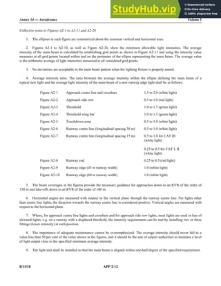 Annex 14 — Aerodromes Volume I
8/11/18 APP 2-12
Collective notes to Figures A2-1 to A2-11 and A2-26
1. The ellipses in each figure are symmetrical about the common vertical and horizontal axes.
2. Figures A2-1 to A2-10, as well as Figure A2-26, show the minimum allowable light intensities. The average
intensity of the main beam is calculated by establishing grid points as shown in Figure A2-11 and using the intensity value
measures at all grid points located within and on the perimeter of the ellipse representing the main beam. The average value
is the arithmetic average of light intensities measured at all considered grid points.
3. No deviations are acceptable in the main beam pattern when the lighting fixture is properly aimed.
4. Average intensity ratio. The ratio between the average intensity within the ellipse defining the main beam of a
typical new light and the average light intensity of the main beam of a new runway edge light shall be as follows:
Figure A2-1 Approach centre line and crossbars 1.5 to 2.0 (white light)
Figure A2-2 Approach side row 0.5 to 1.0 (red light)
Figure A2-3 Threshold 1.0 to 1.5 (green light)
Figure A2-4 Threshold wing bar 1.0 to 1.5 (green light)
Figure A2-5 Touchdown zone 0.5 to 1.0 (white light)
Figure A2-6 Runway centre line (longitudinal spacing 30 m) 0.5 to 1.0 (white light)
Figure A2-7 Runway centre line (longitudinal spacing 15 m) 0.5 to 1.0 for CAT III
(white light)
0.25 to 0.5 for CAT I, II
(white light)
Figure A2-8 Runway end 0.25 to 0.5 (red light)
Figure A2-9 Runway edge (45 m runway width) 1.0 (white light)
Figure A2-10 Runway edge (60 m runway width) 1.0 (white light)
5. The beam coverages in the figures provide the necessary guidance for approaches down to an RVR of the order of
150 m and take-offs down to an RVR of the order of 100 m.
6. Horizontal angles are measured with respect to the vertical plane through the runway centre line. For lights other
than centre line lights, the direction towards the runway centre line is considered positive. Vertical angles are measured with
respect to the horizontal plane.
7. Where, for approach centre line lights and crossbars and for approach side row lights, inset lights are used in lieu of
elevated lights, e.g. on a runway with a displaced threshold, the intensity requirements can be met by installing two or three
fittings (lower intensity) at each position.
8. The importance of adequate maintenance cannot be overemphasized. The average intensity should never fall to a
value less than 50 per cent of the value shown in the figures, and it should be the aim of airport authorities to maintain a level
of light output close to the specified minimum average intensity.
9. The light unit shall be installed so that the main beam is aligned within one-half degree of the specified requirement.
 