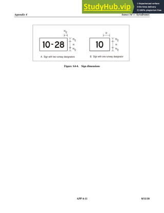 Appendix 4 Annex 14 — Aerodromes
APP 4-11 8/11/18
Figure A4-4. Sign dimensions
-
H/2
H/2
H/2
H/2
H/2
H H
H
A. Sign with two runway designators B. Sign with one runway designator
 