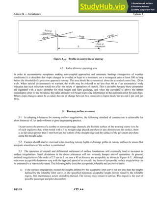 Annex 14 — Aerodromes Volume I
8/11/18 ATT A-6
Figure A-2. Profile on centre line of runway
4.3 Radio altimeter operating area
In order to accommodate aeroplanes making auto-coupled approaches and automatic landings (irrespective of weather
conditions) it is desirable that slope changes be avoided or kept to a minimum, on a rectangular area at least 300 m long
before the threshold of a precision approach runway. The area should be symmetrical about the extended centre line, 120 m
wide. When special circumstances so warrant, the width may be reduced to no less than 60 m if an aeronautical study
indicates that such reduction would not affect the safety of operations of aircraft. This is desirable because these aeroplanes
are equipped with a radio altimeter for final height and flare guidance, and when the aeroplane is above the terrain
immediately prior to the threshold, the radio altimeter will begin to provide information to the automatic pilot for auto-flare.
Where slope changes cannot be avoided, the rate of change between two consecutive slopes should not exceed 2 per cent per
30 m.
5. Runway surface evenness
5.1 In adopting tolerances for runway surface irregularities, the following standard of construction is achievable for
short distances of 3 m and conforms to good engineering practice:
Except across the crown of a camber or across drainage channels, the finished surface of the wearing course is to be
of such regularity that, when tested with a 3 m straight-edge placed anywhere in any direction on the surface, there
is no deviation greater than 3 mm between the bottom of the straight-edge and the surface of the pavement anywhere
along the straight-edge.
5.2 Caution should also be exercised when inserting runway lights or drainage grilles in runway surfaces to ensure that
adequate smoothness of the surface is maintained.
5.3 The operation of aircraft and differential settlement of surface foundations will eventually lead to increases in
surface irregularities. Small deviations in the above tolerances will not seriously hamper aircraft operations. In general,
isolated irregularities of the order of 2.5 cm to 3 cm over a 45 m distance are acceptable, as shown in Figure A-3. Although
maximum acceptable deviations vary with the type and speed of an aircraft, the limits of acceptable surface irregularities can
be estimated to a reasonable extent. The following table describes acceptable, tolerable and excessive limits:
a) if the surface irregularities exceed the heights defined by the acceptable limit curve but are less than the heights
defined by the tolerable limit curve, at the specified minimum acceptable length, herein noted by the tolerable
region, then maintenance action should be planned. The runway may remain in service. This region is the start of
possible passenger and pilot discomfort;
Point of
intersection
z Slope
Point of
intersection
x Slope y Slope
D
 