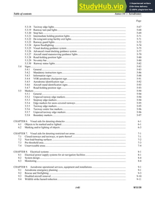 Table of contents Annex 14 — Aerodromes
Page
(vii) 8/11/18
5.3.18 Taxiway edge lights................................................................................................................ 5-67
5.3.19 Runway turn pad lights........................................................................................................... 5-68
5.3.20 Stop bars ................................................................................................................................. 5-69
5.3.21 Intermediate holding position lights ....................................................................................... 5-71
5.3.22 De-icing/anti-icing facility exit lights..................................................................................... 5-71
5.3.23 Runway guard lights............................................................................................................... 5-72
5.3.24 Apron floodlighting ................................................................................................................ 5-74
5.3.25 Visual docking guidance system............................................................................................. 5-75
5.3.26 Advanced visual docking guidance system ............................................................................ 5-77
5.3.27 Aircraft stand manoeuvring guidance lights ........................................................................... 5-79
5.3.28 Road-holding position light .................................................................................................... 5-80
5.3.29 No-entry bar............................................................................................................................ 5-80
5.3.30 Runway status lights............................................................................................................... 5-82
5.4 Signs..................................................................................................................................................... 5-83
5.4.1 General.................................................................................................................................... 5-83
5.4.2 Mandatory instruction signs.................................................................................................... 5-86
5.4.3 Information signs.................................................................................................................... 5-88
5.4.4 VOR aerodrome checkpoint sign............................................................................................ 5-91
5.4.5 Aerodrome identification sign ................................................................................................ 5-92
5.4.6 Aircraft stand identification signs........................................................................................... 5-93
5.4.7 Road-holding position sign..................................................................................................... 5-93
5.5 Markers ................................................................................................................................................ 5-94
5.5.1 General.................................................................................................................................... 5-94
5.5.2 Unpaved runway edge markers............................................................................................... 5-94
5.5.3 Stopway edge markers............................................................................................................ 5-94
5.5.4 Edge markers for snow-covered runways............................................................................... 5-95
5.5.5 Taxiway edge markers............................................................................................................ 5-95
5.5.6 Taxiway centre line markers................................................................................................... 5-96
5.5.7 Unpaved taxiway edge markers.............................................................................................. 5-96
5.5.8 Boundary markers................................................................................................................... 5-97
CHAPTER 6. Visual aids for denoting obstacles ............................................................................................... 6-1
6.1 Objects to be marked and/or lighted..................................................................................................... 6-1
6.2 Marking and/or lighting of objects....................................................................................................... 6-3
CHAPTER 7. Visual aids for denoting restricted use areas................................................................................ 7-1
7.1 Closed runways and taxiways, or parts thereof .................................................................................... 7-1
7.2 Non-load-bearing surfaces ................................................................................................................... 7-2
7.3 Pre-threshold area................................................................................................................................. 7-3
7.4 Unserviceable areas.............................................................................................................................. 7-4
CHAPTER 8. Electrical systems ........................................................................................................................ 8-1
8.1 Electrical power supply systems for air navigation facilities ............................................................... 8-1
8.2 System design....................................................................................................................................... 8-4
8.3 Monitoring............................................................................................................................................ 8-4
CHAPTER 9. Aerodrome operational services, equipment and installations..................................................... 9-1
9.1 Aerodrome emergency planning .......................................................................................................... 9-1
9.2 Rescue and firefighting ........................................................................................................................ 9-3
9.3 Disabled aircraft removal..................................................................................................................... 9-10
9.4 Wildlife strike hazard reduction........................................................................................................... 9-11
 