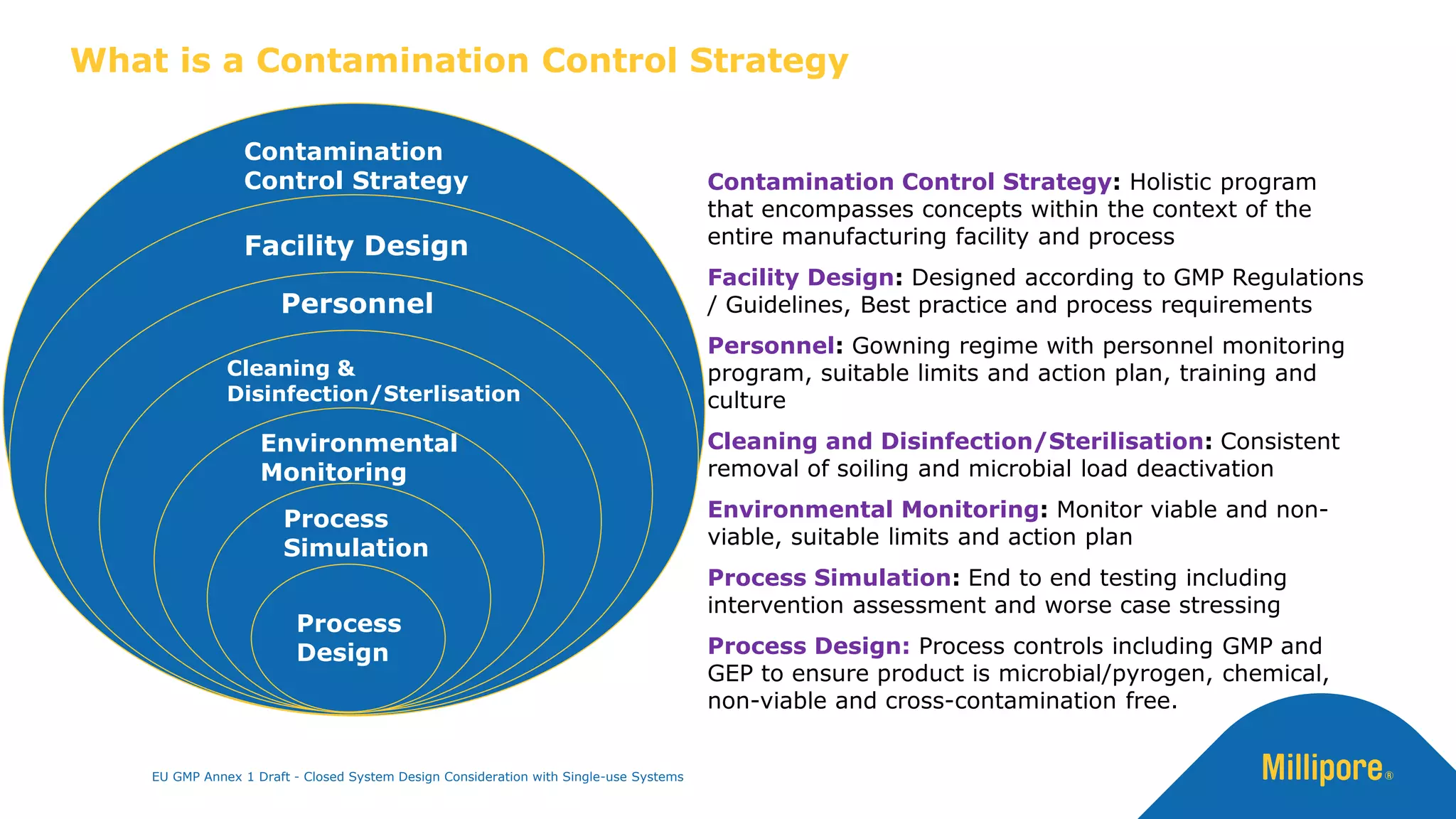 Contamination Control Strategy: Holistic program
that encompasses concepts within the context of the
entire manufacturing facility and process
Facility Design: Designed according to GMP Regulations
/ Guidelines, Best practice and process requirements
Personnel: Gowning regime with personnel monitoring
program, suitable limits and action plan, training and
culture
Cleaning and Disinfection/Sterilisation: Consistent
removal of soiling and microbial load deactivation
Environmental Monitoring: Monitor viable and non-
viable, suitable limits and action plan
Process Simulation: End to end testing including
intervention assessment and worse case stressing
Process Design: Process controls including GMP and
GEP to ensure product is microbial/pyrogen, chemical,
non-viable and cross-contamination free.
What is a Contamination Control Strategy
Process
Design
Process
Simulation
Environmental
Monitoring
Cleaning &
Disinfection/Sterlisation
Personnel
Facility Design
Contamination
Control Strategy
EU GMP Annex 1 Draft - Closed System Design Consideration with Single-use Systems
 
