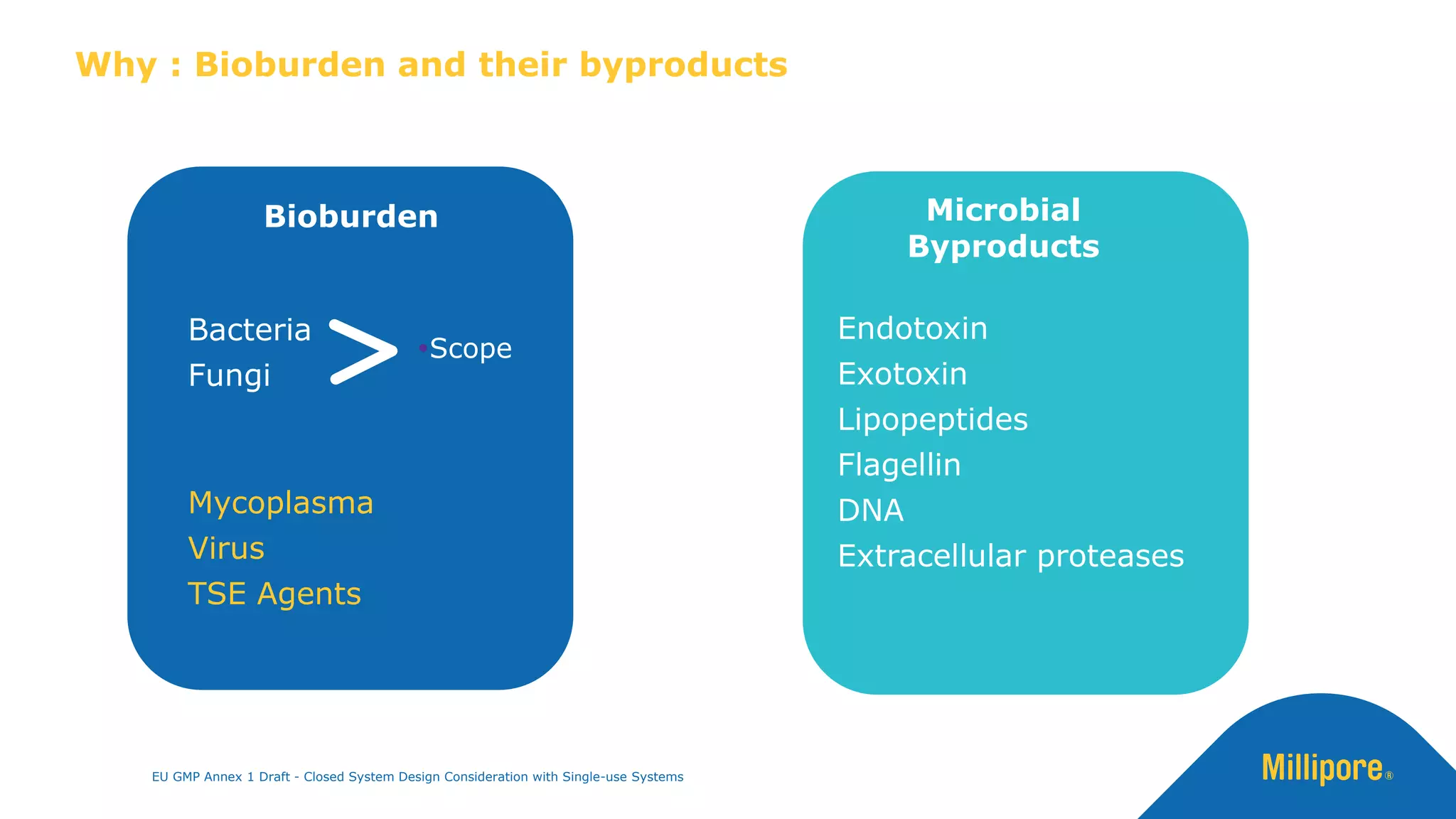 Microbial
Byproducts
Endotoxin
Exotoxin
Lipopeptides
Flagellin
DNA
Extracellular proteases
Bioburden
Bacteria
Fungi
Mycoplasma
Virus
TSE Agents
Why : Bioburden and their byproducts
Scope
EU GMP Annex 1 Draft - Closed System Design Consideration with Single-use Systems
 