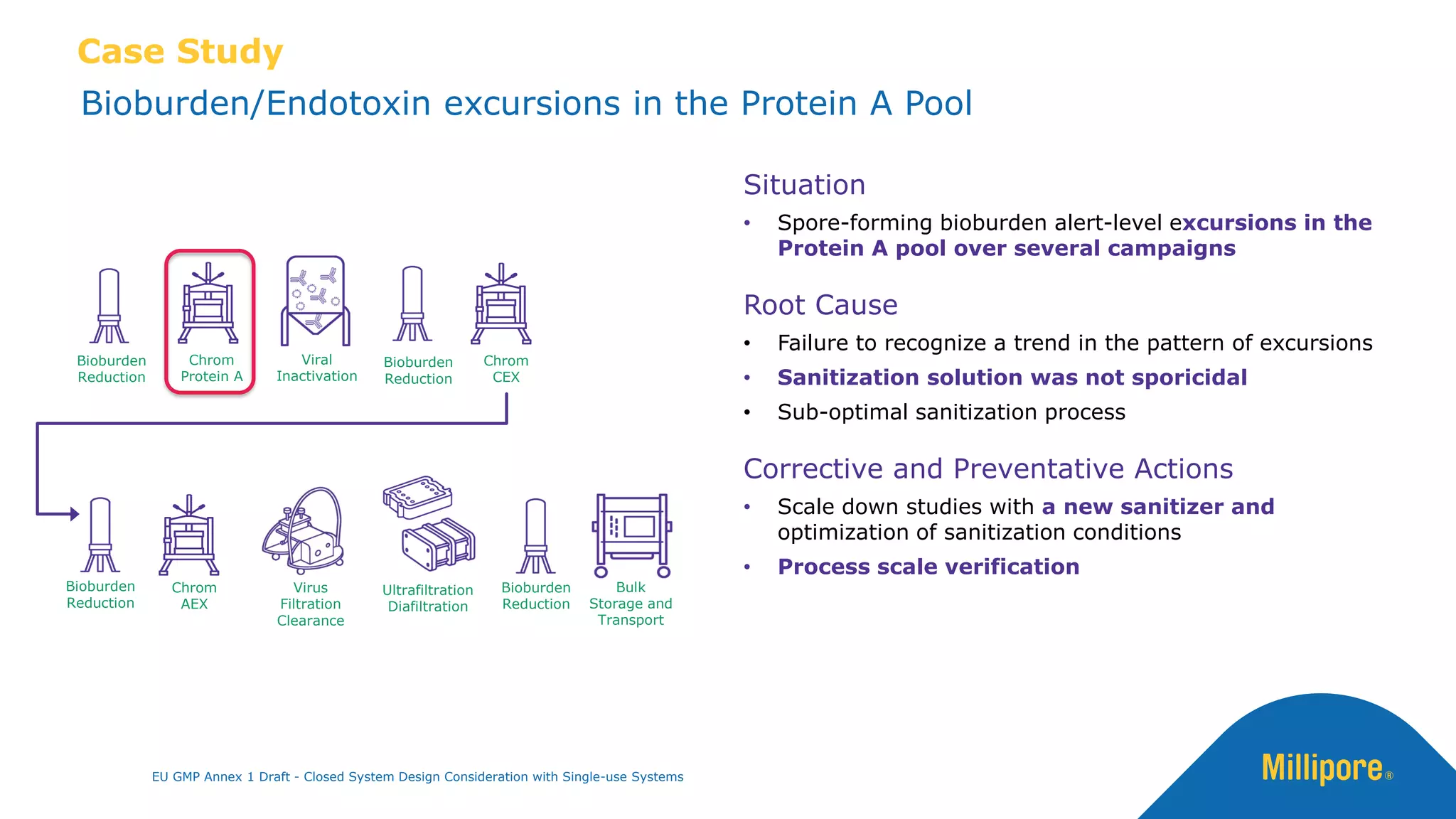 Case Study
Bioburden/Endotoxin excursions in the Protein A Pool
Chrom
Protein A
Bulk
Storage and
Transport
Viral
Inactivation
Chrom
CEX
Virus
Filtration
Clearance
Ultrafiltration
Diafiltration
Bioburden
Reduction
Bioburden
Reduction
Chrom
AEX
Bioburden
Reduction
Bioburden
Reduction
Situation
• Spore-forming bioburden alert-level excursions in the
Protein A pool over several campaigns
Root Cause
• Failure to recognize a trend in the pattern of excursions
• Sanitization solution was not sporicidal
• Sub-optimal sanitization process
Corrective and Preventative Actions
• Scale down studies with a new sanitizer and
optimization of sanitization conditions
• Process scale verification
EU GMP Annex 1 Draft - Closed System Design Consideration with Single-use Systems
 