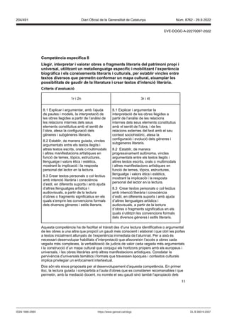11
Competència específica
Llegir, interpretar i alorar obres o fragments literaris del patrimoni propi i
uni ersal, utilit ant un metallenguatge específic i mobilit ant l’experiència
biogràfica i els coneixements literaris i culturals, per establir incles entre
textos di ersos que permetin conformar un mapa cultural, eixamplar les
possibilitats de gaudir de la literatura i crear textos d’intenció literària
Criteris d’a aluació
1r i 2n 3r i 4t
8.1 Explicar i argumentar, amb l’ajuda
de pautes i models, la interpretació de
les obres llegides a partir de l’anàlisi de
les relacions internes dels seus
elements constitutius amb el sentit de
l’obra, atesa la configuració dels
gèneres i subgèneres literaris.
8.2 Establir, de manera guiada, vincles
argumentats entre els textos llegits i
altres textos escrits, orals o multimodals
i altres manifestacions artístiques en
funció de temes, tòpics, estructures,
llenguatge i valors ètics i estètics,
mostrant la implicació i la resposta
personal del lector en la lectura.
8.3 Crear textos personals o col·lectius
amb intenció literària i consciència
d’estil, en diferents suports i amb ajuda
d’altres llenguatges artístics i
audiovisuals, a partir de la lectura
d’obres o fragments significatius en els
quals s’emprin les convencions formals
dels diversos gèneres i estils literaris.
8.1 Explicar i argumentar la
interpretació de les obres llegides a
partir de l’anàlisi de les relacions
internes dels seus elements constitutius
amb el sentit de l’obra, i de les
relacions externes del text amb el seu
context sociohistòric, atesa la
configuració i evolució dels gèneres i
subgèneres literaris.
8.2 Establir, de manera
progressivament autònoma, vincles
argumentats entre els textos llegits i
altres textos escrits, orals o multimodals
i altres manifestacions artístiques en
funció de temes, tòpics, estructures,
llenguatge i valors ètics i estètics,
mostrant la implicació i la resposta
personal del lector en la lectura.
8.3 Crear textos personals o col·lectius
amb intenció literària i consciència
d’estil, en diferents suports i amb ajuda
d’altres llenguatges artístics i
audiovisuals, a partir de la lectura
d’obres o fragments significatius en els
quals s’utilitzin les convencions formals
dels diversos gèneres i estils literaris.
Aquesta competència ha de facilitar el trànsit des d’una lectura identificativa o argumental
de les obres a una altra que propiciï un gaudi més conscient i elaborat i que obri les portes
a textos inicialment allunyats de l’experiència immediata de l’alumnat. Per a això és
necessari desenvolupar habilitats d’interpretació que afavoreixin l’accés a obres cada
vegada més complexes, la verbalització de judicis de valor cada vegada més argumentats
i la construcció d’un mapa cultural que conjugui els horitzons propers amb els europeus i
universals, i les obres literàries amb altres manifestacions artístiques. Constatar la
pervivència d’universals temàtics i formals que travessen èpoques i contextos culturals
implica privilegiar un enfocament intertextual.
Dos són els eixos proposats per al desenvolupament d’aquesta competència. En primer
lloc, la lectura guiada i compartida a l’aula d’obres que es consideren recomanables i que
permetin, amb la mediació docent, no només el seu gaudi sinó també l’apropiació dels
DL B 38014-2007
ISSN 1988-298X https://www.gencat.cat/dogc
Núm. 8762 - 29.9.2022
204/491 Diari Oficial de la Generalitat de Catalunya
CVE-DOGC-A-22270097-2022
 