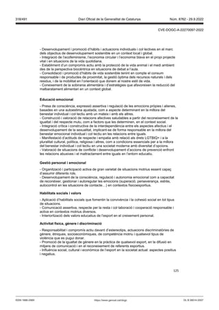 125
- Desenvolupament i promoció d’hàbits i actuacions individuals i col·lectives en el marc
dels objectius de desenvolupament sostenible en un context local i global.
- Integració de l’ecofeminisme, l’economia circular i l’economia blava en el propi projecte
vital i en situacions de la vida quotidiana.
- Establiment d’un compromís actiu amb la protecció de la vida animal i el medi ambient
des de la perspectiva biocèntrica en situacions de debat a l’aula.
- Consolidació i promoció d’hàbits de vida sostenible tenint en compte el consum
responsable i de productes de proximitat, la gestió òptima dels recursos naturals i dels
residus, i de la mobilitat en l’orientació que donem al nostre estil de vida.
- Coneixement de la sobirania alimentària i d’estratègies que afavoreixen la reducció del
malbaratament alimentari en un context global.
Educació emocional
- Presa de consciència, expressió assertiva i regulació de les emocions pròpies i alienes,
basades en una autoestima ajustada, com a aspecte determinant en la millora del
benestar individual i col·lectiu amb un mateix i amb els altres.
- Construcció i valoració de relacions afectives saludables a partir del reconeixement de la
igualtat i del respecte mutu, com a factors que les determinen, en el context social.
- Integració crítica i constructiva de la interdependència entre els aspectes afectius i el
desenvolupament de la sexualitat, implicant-se de forma responsable en la millora del
benestar emocional individual i col·lectiu en les relacions entre iguals.
- Manifestació d’actituds de respecte i empatia amb relació als drets LGTBIQ+ i a la
pluralitat cultural, política, religiosa i altres, com a condicions essencials per a la millora
del benestar individual i col·lectiu en una societat moderna amb diversitat d’opcions.
- Valoració de situacions de conflicte i desenvolupament d’accions de prevenció enfront
les relacions abusives i el maltractament entre iguals en l’entorn educatiu.
estió personal i emocional
- Organització i participació activa de gran varietat de situacions motrius essent capaç
d’assumir diferents rols.
- Desenvolupament de la consciència, regulació i autonomia emocional com a capacitat
de reconèixer, gestionar i autoregular les emocions (superació, perseverança, estrès,
autocontrol en les situacions de contacte…) en contextos fisicoesportius.
abilitats socials i alors
- Aplicació d’habilitats socials que fomentin la convivència i la cohesió social en tot tipus
de situacions.
- Comunicació assertiva, respecte per la resta i col·laboració i cooperació responsable i
activa en contextos motrius diversos.
- Interiorització dels valors educatius de l’esport en el creixement personal.
Acti itat física, gènere i discriminació
- Responsabilitat i compromís actiu davant d’estereotips, actuacions discriminatòries de
gènere, ètniques, socioeconòmiques, de competència motriu i qualsevol tipus de
violència que es pugui donar.
- Promoció de la igualtat de gènere en la pràctica de qualsevol esport, en la difusió en
mitjans de comunicació i en el reconeixement de referents esportius.
- Influència social, cultural i econòmica de l’esport en la societat actual: aspectes positius
i negatius.
DL B 38014-2007
ISSN 1988-298X https://www.gencat.cat/dogc
Núm. 8762 - 29.9.2022
318/491 Diari Oficial de la Generalitat de Catalunya
CVE-DOGC-A-22270097-2022
 