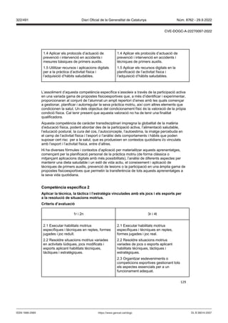 129
1.4 Aplicar els protocols d’actuació de
prevenció i intervenció en accidents i
mesures bàsiques de primers auxilis.
1.5 Utilitzar recursos i aplicacions digitals
per a la pràctica d’activitat física i
l’adquisició d’hàbits saludables.
1.4 Aplicar els protocols d’actuació de
prevenció i intervenció en accidents i
tècniques de primers auxilis.
1.5 Aplicar els recursos digitals en la
planificació de l’activitat física i
l’adquisició d’hàbits saludables.
L’assoliment d’aquesta competència específica s’assoleix a través de la participació activa
en una variada gama de propostes fisicoesportives que, a més d’identificar i experimentar,
proporcionaran al conjunt de l’alumnat un ampli repertori d’eines amb les quals començar
a gestionar, planificar i autorregular la seva pràctica motriu, així com altres elements que
condicionen la salut. Un dels objectius del condicionament físic és la valoració de la pròpia
condició física. Cal tenir present que aquesta valoració no ha de tenir una finalitat
qualificadora.
Aquesta competència de caràcter transdisciplinari impregna la globalitat de la matèria
d’educació física, podent abordar des de la participació activa, l’alimentació saludable,
l’educació postural, la cura del cos, l’autoconcepte, l’autoestima, la imatge percebuda en
el camp de l’activitat física i l’esport o l’anàlisi dels comportaments i hàbits que poden
suposar cert risc per a la salut, que es produeixen en contextos quotidians i/o vinculats
amb l’esport i l’activitat física, entre d’altres.
Hi ha diverses fórmules i contextos d’aplicació per materialitzar aquests aprenentatges,
començant per la planificació personal de la pràctica motriu (de forma clàssica o
mitjançant aplicacions digitals amb més possibilitats), l’anàlisi de diferents aspectes per
mantenir una dieta saludable i un estil de vida actiu, el coneixement i aplicació de
tècniques de primers auxilis, prevenció de lesions o la participació en una àmplia gama de
propostes fisicoesportives que permetin la transferència de tots aquests aprenentatges a
la seva vida quotidiana.
Competència específica
Aplicar la tècnica, la tàctica i l’estratègia inculades amb els ocs i els esports per
a la resolució de situacions motrius
Criteris d’a aluació
1r i 2n 3r i 4t
2.1 Executar habilitats motrius
específiques i tècniques en reptes, formes
jugades i joc reduït.
2.2 Resoldre situacions motrius variades
en activitats lúdiques, jocs modificats i
esports aplicant habilitats tècniques,
tàctiques i estratègiques.
2.1 Executar habilitats motrius
específiques i tècniques en reptes,
formes jugades i joc real.
2.2 Resoldre situacions motrius
variades de jocs o esports aplicant
habilitats tècniques, tàctiques i
estratègiques.
2.3 Organitzar esdeveniments o
competicions esportives gestionant tots
els aspectes essencials per a un
funcionament adequat.
DL B 38014-2007
ISSN 1988-298X https://www.gencat.cat/dogc
Núm. 8762 - 29.9.2022
322/491 Diari Oficial de la Generalitat de Catalunya
CVE-DOGC-A-22270097-2022
 