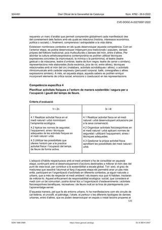 131
requereix un marc d’anàlisi que permeti comprendre globalment cada manifestació des
del coneixement dels factors amb els quals es relaciona (història, interessos econòmics,
polítics o socials); i, finalment, comprensiva i extrapolable a la vida diària.
Existeixen nombrosos contextos en els quals desenvolupar aquesta competència. Com en
l’anterior etapa, es podria desenvolupar mitjançant jocs tradicionals i populars, danses
pròpies del folklore tradicional, jocs multiculturals o danses del món, entre d’altres. Per
abordar la cultura artisticoexpressiva contemporània es podrien utilitzar tècniques
expressives concretes (la improvisació, la mímica o la pantomima), el teatre (teatre
gestual o de màscares, teatre d’ombres, teatre de llum negra, teatre de carrer o similars),
representacions més elaborades (lluita escènica, jocs de rol, entre altres), tècniques
relacionades amb el món del circ (malabars, activitats acrobàtiques i altres), o activitats
ritmicomusicals amb caràcter expressiu (percussió corporal, balls, coreografies o altres
expressions similars). A més, en aquesta etapa, aquests sabers es podrien enriquir
incorporant elements de crítica social, emocions o coeducació en les representacions.
Competència específica
Planificar acti itats físiques a l’entorn de manera sostenible i segura per a
l’ocupació i gaudi del temps de lleure
Criteris d’a aluació
1r i 2n 3r i 4t
4.1 Realitzar activitat física en el
medi natural i urbà minimitzant
l’empremta ecològica.
4.2 Aplicar les normes de seguretat,
l’equipament, eines i tècniques
adequades de les activitats físiques en
el medi natural i urbà.
4.3 Utilitzar les possibilitats que
ofereix l’entorn per a la practica
activitat física i l’ocupació del temps
de lleure de forma activa.
4.1 Realitzar activitat física en el medi
natural i urbà desenvolupant actuacions per
a la seva conservació.
4.2 Organitzar activitats fisicoesportives en
el medi natural i urbà aplicant normes de
seguretat i utilitzant l’equipament, eines i
tècniques adequades.
4.3 Gestionar la pròpia activitat física
aprofitant les possibilitats del medi natural i
urbà.
L’adopció d’hàbits respectuosos amb el medi ambient s’ha de consolidar en aquesta
etapa, continuant amb el desenvolupament d’accions destinades a millorar el món des del
punt de vista local, per contribuir a la sostenibilitat a escala global. Tot i això, el grau de
maduresa que assolirà l’alumnat al llarg d’aquesta etapa els permetrà anar un pas més
enllà, participant en l’organització d’activitats en diferents contextos, ja siguin naturals o
urbans, que a més de respectar el medi ambient i els éssers vius que hi habiten, tractaran
de millorar-lo. Aquest enfocament de responsabilitat ecològica i social, que considera el
medi com un bé comunitari, podria donar lloc a l’organització d’esdeveniments i activitats
fisicoesportives benèfiques, recreatives i de lleure molt en la línia de plantejaments com
l’aprenentatge-servei.
D’aquesta manera, pel que fa als entorns urbans, hi ha manifestacions com els circuits de
cal·listènia, el crossfit, el patinatge, l’skate, el parkour o les diferents tipologies de danses
urbanes, entre d’altres, que es poden desenvolupar en espais o instal·lacions properes al
DL B 38014-2007
ISSN 1988-298X https://www.gencat.cat/dogc
Núm. 8762 - 29.9.2022
324/491 Diari Oficial de la Generalitat de Catalunya
CVE-DOGC-A-22270097-2022
 
