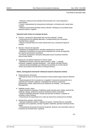 135
- Valoració i pràctica de les activitats ritmicomusicals com a eina expressiva i
comunicativa.
- Creació i representació de composicions individuals i col·lectives amb i sense base
musical.
- Influència social de les activitats motrius culturals i artístiques en la societat actual:
aspectes positius i negatius.
Interacció amb l’entorn en el temps de lleure
● Consum i conservació responsable dels recursos materials i d’espai
- Autoconstrucció de materials alternatius i complementaris per a la pràctica
d’activitat física i esports.
- Pràctica d’activitat física en el medi natural tenint cura i conservant l’espai de
pràctica.
● Normes i mesures de seguretat
- Realització de desplaçaments i activitats respectant les normes vials.
- Realització d’activitats en el medi natural respectant les normes de seguretat i
les mesures de prevenció d’accidents.
- Ús d’eines, equipament i tècniques adequades durant la pràctica d’activitat
física al medi natural.
● Espais per a la pràctica esportiva en l’entorn proper
- Aprofitament d’espais i recursos urbans (parkour, skate…) i naturals
(orientació, plogging, activitats aquàtiques…) per realitzar activitats físiques.
- Valoració de les possibilitats que ofereixen les activitats en el medi natural i
l’entorn per practicar activitat física en el temps de lleure.
alors, autoregulació emocional i interacció social en situacions motrius
● Gestió personal i emocional
- Participació activa en tot tipus de situacions motrius essent capaç d’assumir diferents
rols.
- Desenvolupament de la consciència, la regulació i l’autonomia emocionals com a
capacitat de reconèixer, gestionar i autoregular les emocions (superació,
perseverança, estrès, autocontrol en les situacions de contacte…) en contextos
fisicoesportius.
● Habilitats socials i valors
- Desenvolupament progressiu d’habilitats socials (escolta activa, diàleg, resolució de
conflictes, entesa, compromís social) en situacions motrius col·lectives.
- Adopció d’habilitats personals i socials que permetin col·laborar i cooperar en
contextos motrius diversos.
- Interiorització de l’esportivitat com a valor per sobre de la consecució de resultats.
● Activitat física, gènere i discriminació
- Valoració d’aspectes positius i negatius de l’esport i l’activitat física en l’actualitat:
competició vers cooperació, principis d’igualtat i solidaritat, aportació individual envers
l’equip.
- Reconeixement de les discriminacions de gènere, ètniques i de la diversitat motriu en
la pràctica de l’activitat física i esportiva.
DL B 38014-2007
ISSN 1988-298X https://www.gencat.cat/dogc
Núm. 8762 - 29.9.2022
328/491 Diari Oficial de la Generalitat de Catalunya
CVE-DOGC-A-22270097-2022
 