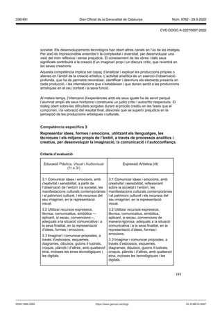 143
societat. Els desenvolupaments tecnològics han obert altres canals en l’ús de les imatges.
Per això és imprescindible entendre’n la complexitat i diversitat, per desenvolupar una
visió del món reflexiva i sense prejudicis. El coneixement de les obres i dels seus
significats contribuirà a la creació d’un imaginari propi i un discurs crític, que revertirà en
les seves creacions.
Aquesta competència implica ser capaç d’analitzar i explicar les produccions pròpies o
alienes en l’àmbit de la creació artística. L’activitat analítica és un exercici d’observació
profunda, que ha de permetre reconèixer, identificar i descriure els elements presents en
cada producció, i les interrelacions que s’estableixen i que donen sentit a les produccions
artístiques en el seu context i la seva funció.
Al mateix temps, l’intercanvi d’experiències amb els seus iguals ha de servir perquè
l’alumnat ampliï els seus horitzons i construeixi un judici crític i autocrític respectuós. El
diàleg obert sobre les dificultats sorgides durant el procés creatiu en les fases que el
componen, i la valoració del resultat final, afavoreix que se superin prejudicis en la
percepció de les produccions artístiques i culturals.
Competència específica
epresentar idees, formes i emocions, utilit ant els llenguatges, les
tècniques i els mit ans propis de l’àmbit, a tra s de processos analítics i
creatius, per desen olupar la imaginació, la comunicació i l’autoconfian a
Criteris d’a aluació
Educació Plàstica, Visual i Audiovisual
(1r a 3r)
Expressió Artística (4t)
3.1 Comunicar idees i emocions, amb
creativitat i sensibilitat, a partir de
l’observació de l’entorn i la societat, les
manifestacions culturals contemporànies
i el patrimoni cultural, i els recursos del
seu imaginari, en la representació
visual.
3.2 Utilitzar recursos expressius,
tècnics, comunicatius, simbòlics —
aplicant, si escau, convencions—,
adequats a la situació comunicativa i a
la seva finalitat, en la representació
d’idees, formes i emocions.
3.3 Imaginar i comunicar propostes, a
través d’esbossos, esquemes,
diagrames, dibuixos, guions il·lustrats,
croquis, plànols i d’altres, amb qualsevol
eina, incloses les eines tecnològiques i
les digitals.
3.1 Comunicar idees i emocions, amb
creativitat i sensibilitat, reflexionant
sobre la societat i l’entorn, les
manifestacions culturals contemporànies
i el patrimoni cultural i els recursos del
seu imaginari, en la representació
visual.
3.2 Utilitzar recursos expressius,
tècnics, comunicatius, simbòlics,
aplicant, si escau, convencions de
manera rigorosa, adequats a la situació
comunicativa i a la seva finalitat, en la
representació d’idees, formes i
emocions.
3.3 Imaginar i comunicar propostes, a
través d’esbossos, esquemes,
diagrames, dibuixos, guions il·lustrats,
croquis, plànols i d’altres, amb qualsevol
eina, incloses les tecnològiques i les
digitals.
DL B 38014-2007
ISSN 1988-298X https://www.gencat.cat/dogc
Núm. 8762 - 29.9.2022
336/491 Diari Oficial de la Generalitat de Catalunya
CVE-DOGC-A-22270097-2022
 