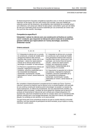 185
El desenvolupament d’aquesta competència específica crea un vincle de compromís entre
l’alumnat i el seu equip, així com amb l’entorn que l’envolta, cosa que l’habilita per
entendre quines són les situacions i els problemes més importants de la societat actual i
com millorar-la, com actuar per millorar la salut pròpia i comunitària i quins són els hàbits
de vida que li permeten actuar de forma sostenible per a la conservació de l’entorn des
d’un punt de vista científic i tecnològic.
Competència específica
Interpretar i alorar la ciència com una construcció col lecti a en continu
can i i e olució, que requereix la interacció amb la resta de la societat per
generar millores que repercuteixin en l’a en tecnol gic, econ mic,
ambiental i social
Criteris a aluació
1r, 2n i 3r 4t
6.1 Interpretar la ciència com un procés
en construcció, a través de l’anàlisi amb
perspectiva històrica dels avenços
científics dels homes i dones que hi van
participar, i valorar les repercussions
mútues de la ciència actual amb la
tecnologia, la societat i el medi ambient.
6.2 Raonar la capacitat de la ciència per
proposar, mitjançant la implicació
ciutadana, solucions sostenibles per a
les necessitats tecnològiques,
ambientals, econòmiques i socials,
detectades en l’entorn, sense biaixos de
gènere.
6.1 Interpretar la ciència com un procés
en construcció, tant a través de l’anàlisi
amb perspectiva històrica dels avenços
científics dels homes i dones que hi van
participar, com de les línies de recerca
actuals, i valorar les repercussions
mútues i les implicacions socials,
econòmiques i mediambientals de la
ciència actual en la societat.
6.2 Argumentar la capacitat de la ciència
per proposar, mitjançant la implicació
ciutadana, solucions sostenibles per a
les necessitats tecnològiques,
ambientals, econòmiques i socials,
detectades en l’entorn, sense biaixos de
gènere.
Per completar el desenvolupament competencial de la matèria de Física i Química,
l’alumne o alumna ha d’assumir que la ciència no és un procés finalitzat, sinó que està
en una contínua construcció recíproca amb la tecnologia i la societat. La recerca de
noves explicacions, la millora de procediments, els nous descobriments científics, etc.
influeixen sobre la societat, i conèixer de forma global els impactes que la ciència hi
produeix és fonamental en l’elecció del camí correcte per al desenvolupament. En
aquesta línia, l’alumnat competent ha de tenir en compte valors com la importància dels
avenços científics per a una societat demandant, els límits de la ciència, les qüestions
ètiques i la confiança en els científics i en la seva activitat.
Tot això forma part d’una consciència social en la qual no només intervé la comunitat
científica, sinó que requereix la participació de tota la societat, ja que implica un avenç
individual i social conjunt.
DL B 38014-2007
ISSN 1988-298X https://www.gencat.cat/dogc
Núm. 8762 - 29.9.2022
378/491 Diari Oficial de la Generalitat de Catalunya
CVE-DOGC-A-22270097-2022
 